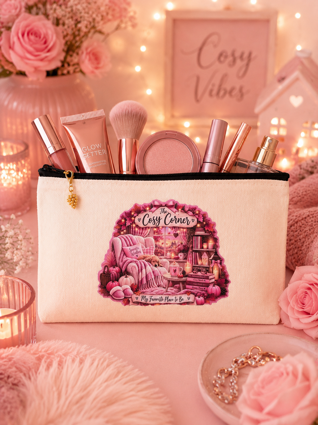 A cream-colored canvas makeup pouch with a black zipper and a colorful 'The Cosy Corner' illustration on the front. The pouch is filled with pink and rose gold cosmetics, including brushes, a glow stick, and lip products, and is styled on a pink fabric surface with pink props, flowers, and candles.
