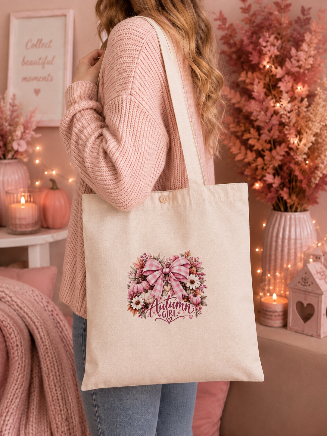 A woman wearing a pink knit sweater and blue jeans carries a cream canvas tote bag with a floral autumn wreath design and the words 'Autumn Girl' printed on the front. The background is a cozy, warm-toned room decorated with pink dried flowers, candles, and string lights.