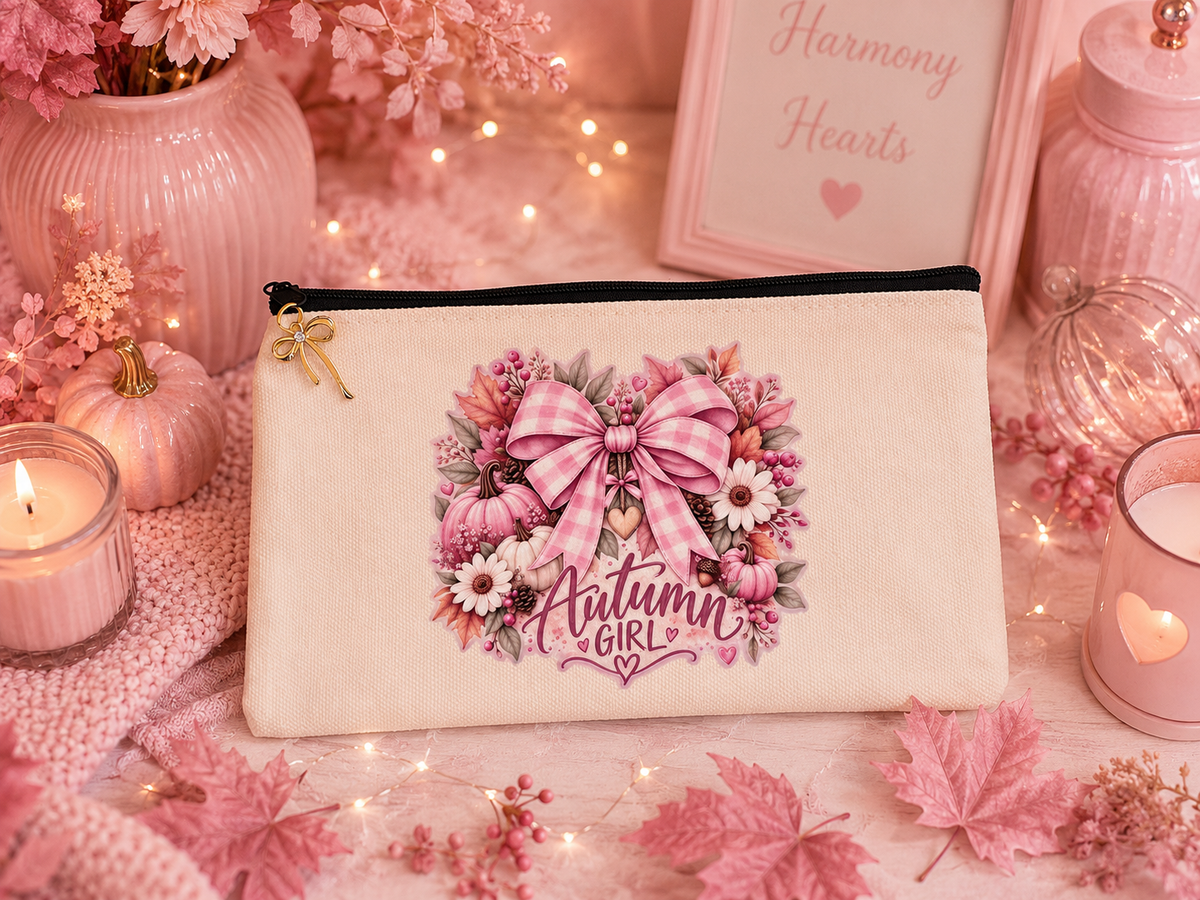 A cream-colored cosmetic pouch with a black zipper and a gold key charm, decorated with a pink and white gingham bow, autumn flowers, and the text 'Autumn Girl'. The pouch is styled in a cozy, fall-themed setting with pink candles, pumpkins, string lights, and a pink sign reading 'Harmony Hearts'.