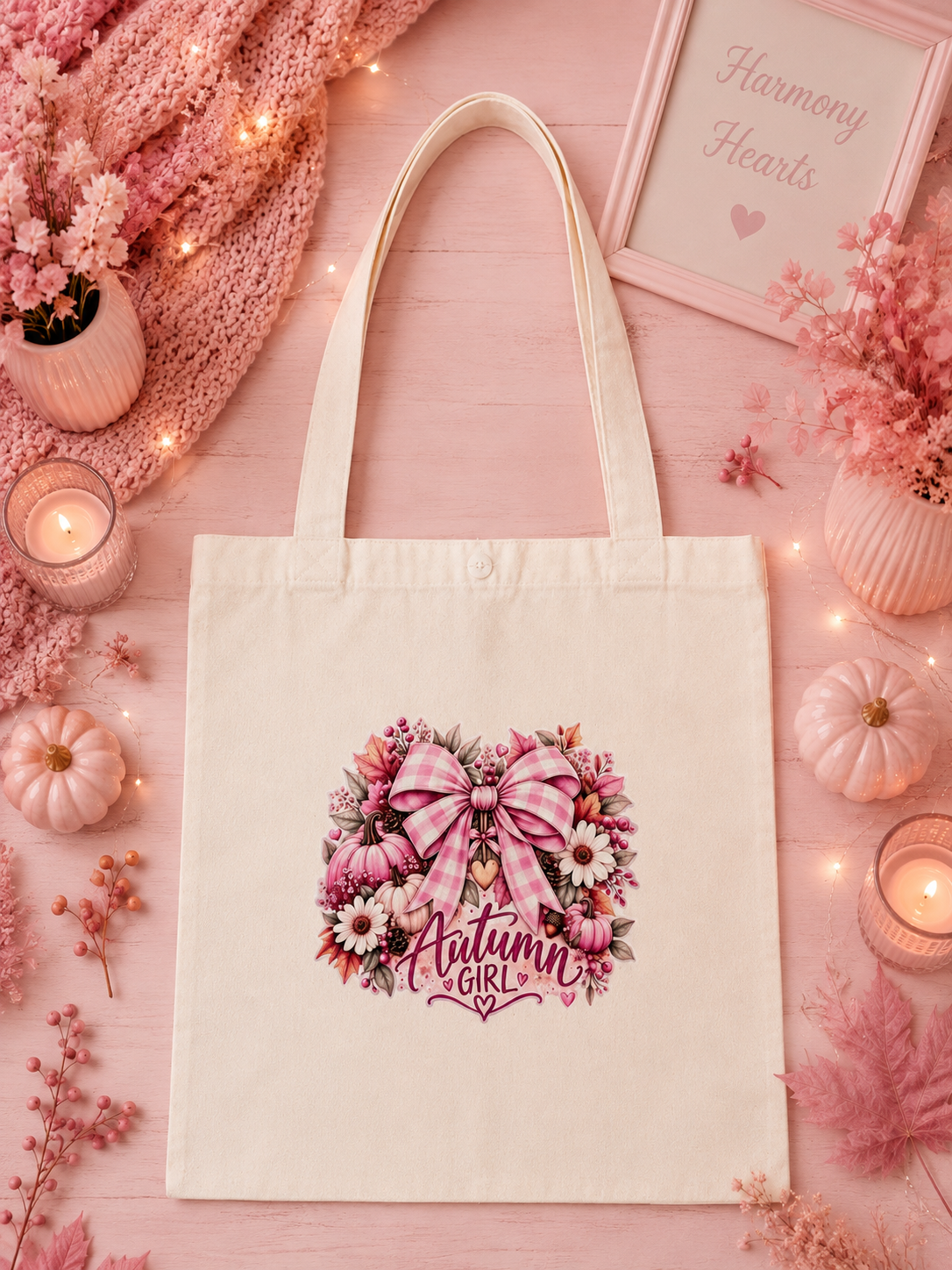 An off-white canvas tote bag with a pink and floral 'Autumn Girl' graphic, styled in a cozy autumn flat-lay on a pink wooden background with candles, pumpkins, and a knitted blanket.