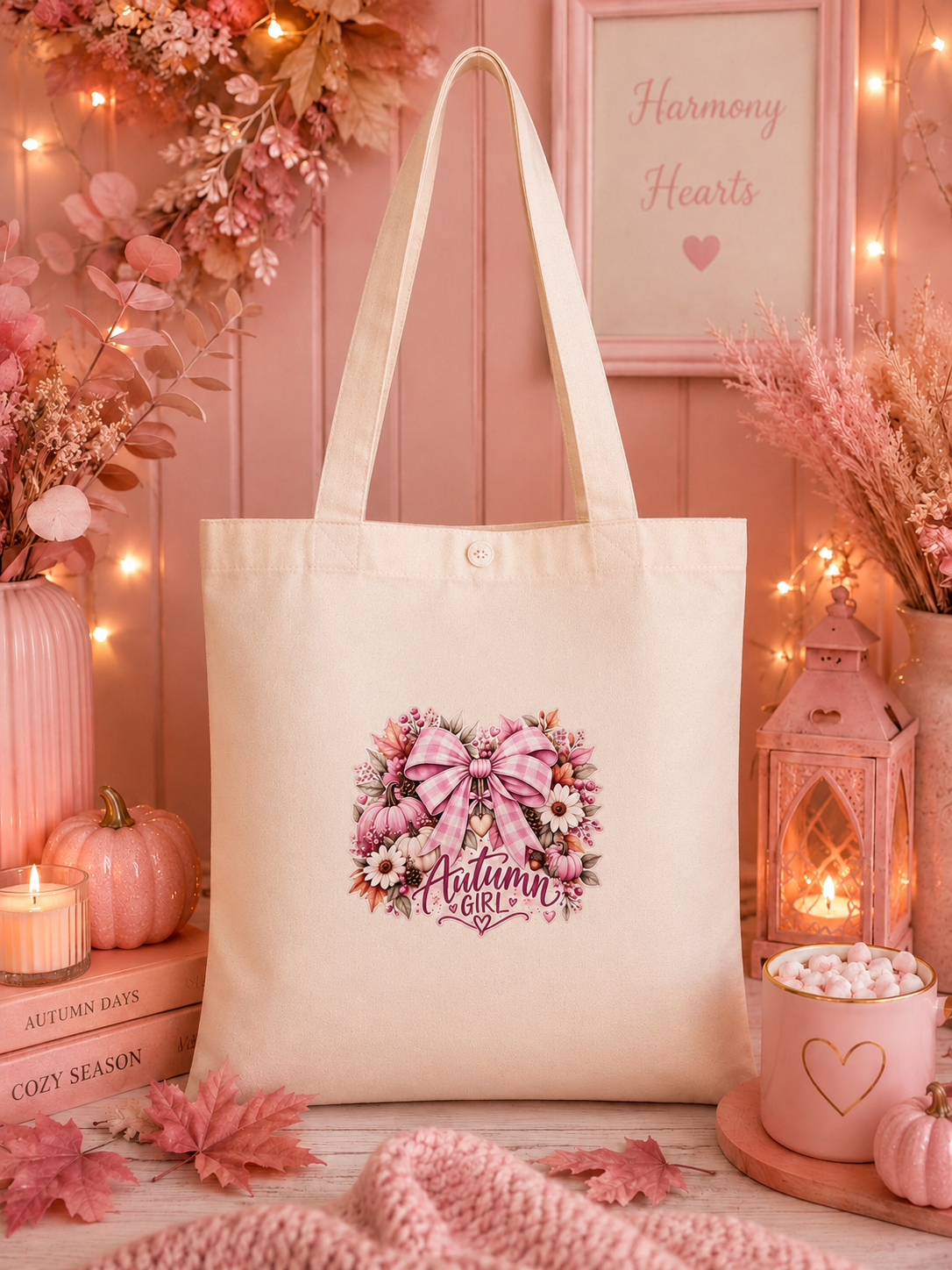 An off-white canvas tote bag with a pink floral and bow graphic reading 'Autumn Girl' in the center, styled in a cozy autumn-themed setting with pumpkins, candles, and pink decor.