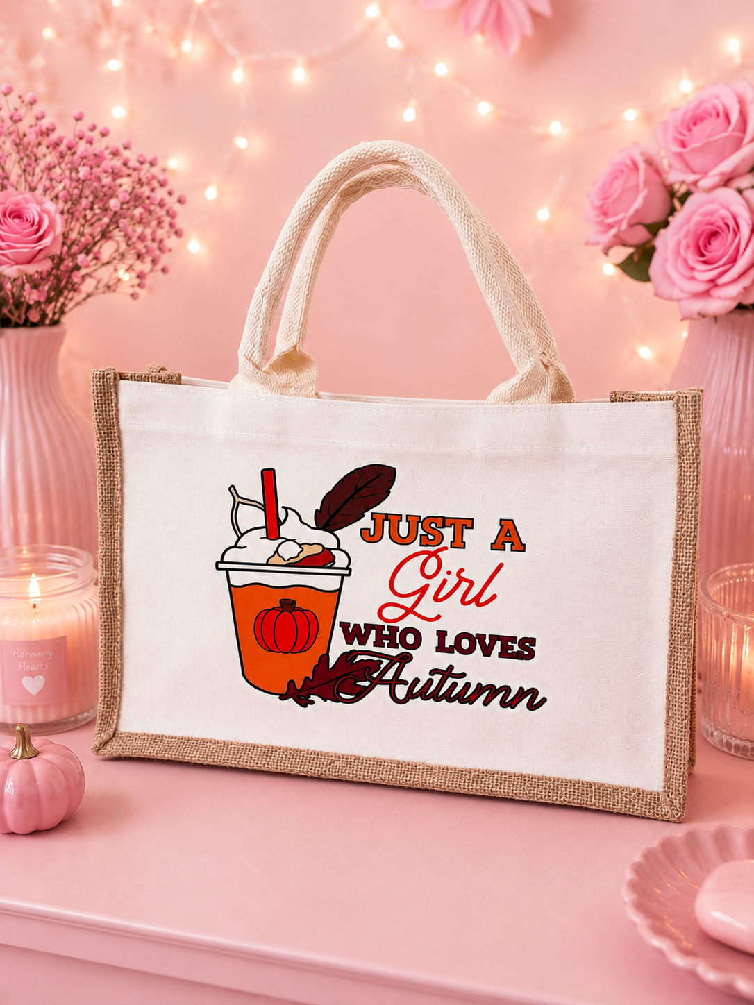 Burlap tote bag with the words, just a girl who loves autumn set on a pink display