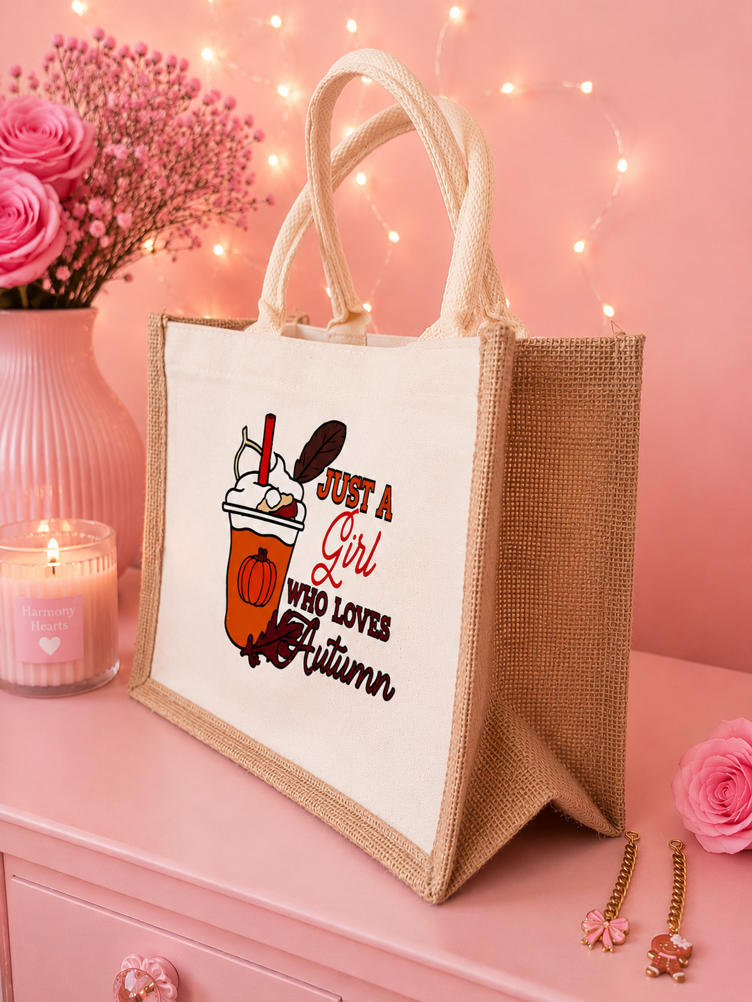 Burlap tote bag with the words, just a girl who loves autumn set on a pink dresser