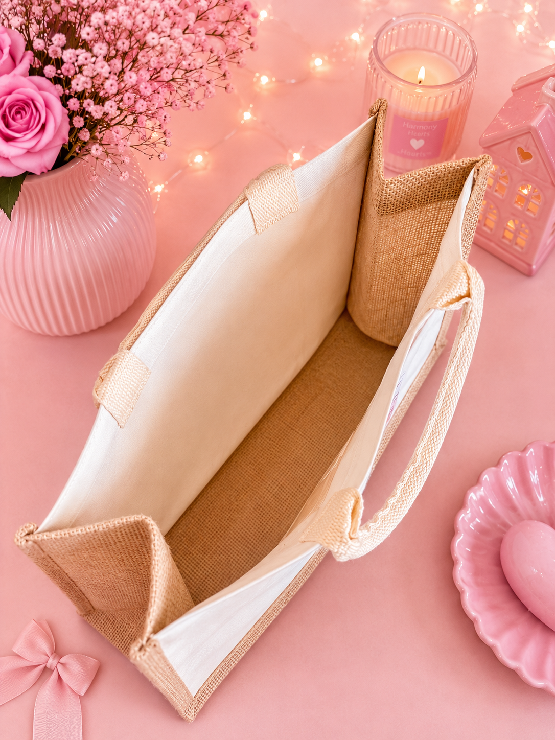 Inside image of a burlap tote bag set on a pink background