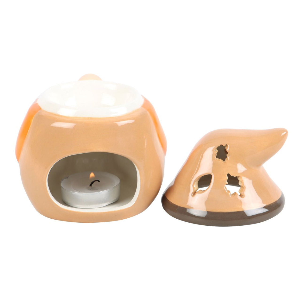 Oil burner with tea light and hat lid stood by the side