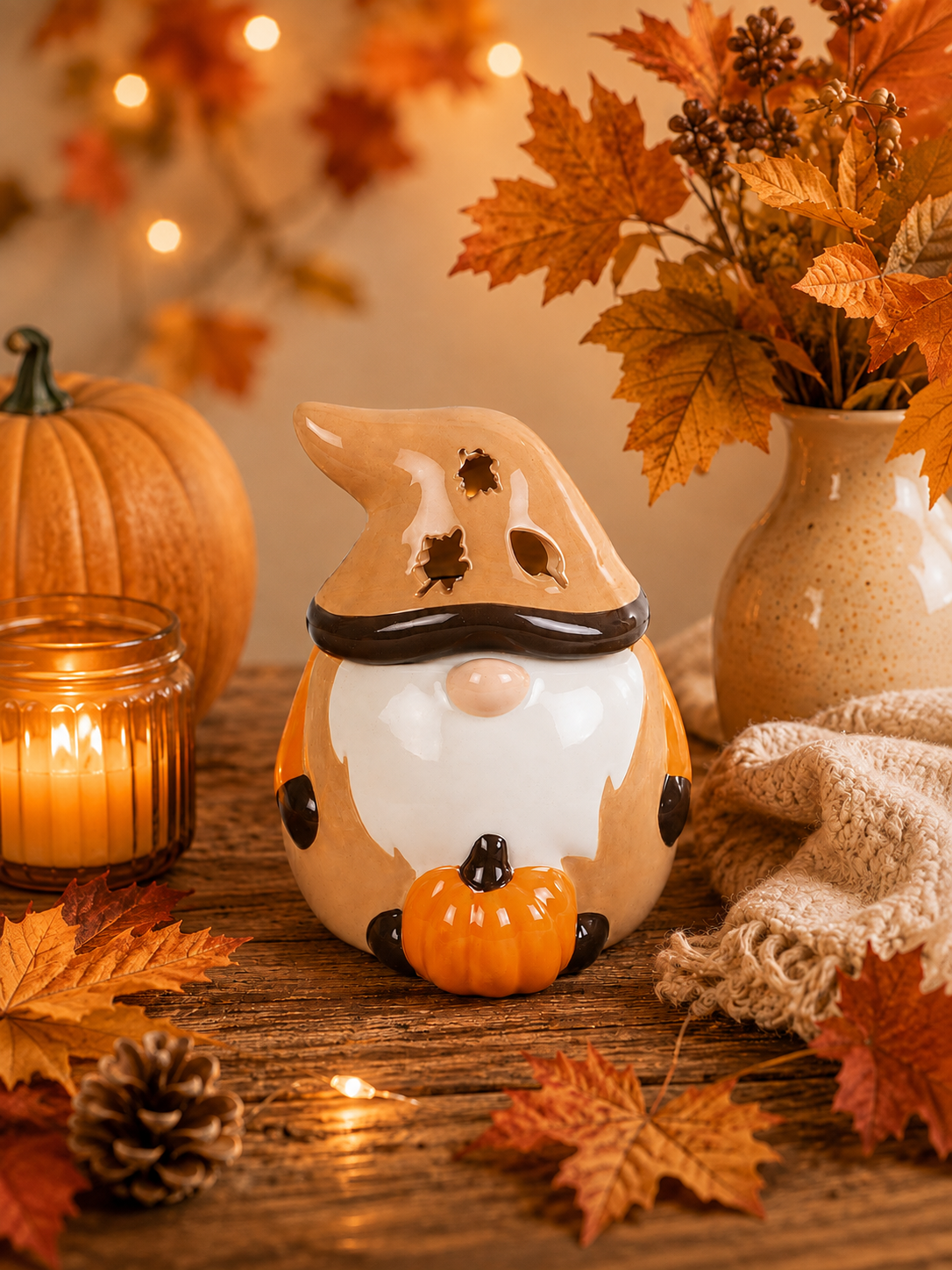 Autumn gonk oil warmer set on an autumn styled background
