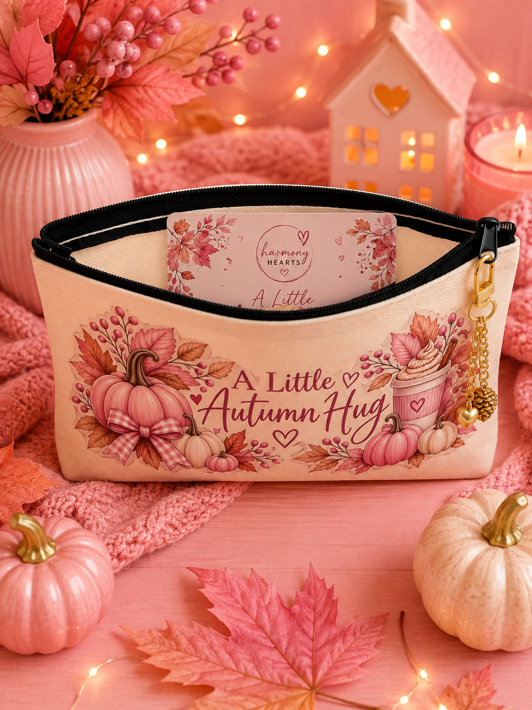 A cream-colored cosmetic pouch with a black zipper, decorated with autumn illustrations of pumpkins, leaves, and the text 'A Little Autumn Hug' by Harmony Hearts. The pouch is styled in a cozy, warm setting with pink knit blankets, small decorative pumpkins, fall leaves, fairy lights, and a pink house-shaped candle holder.