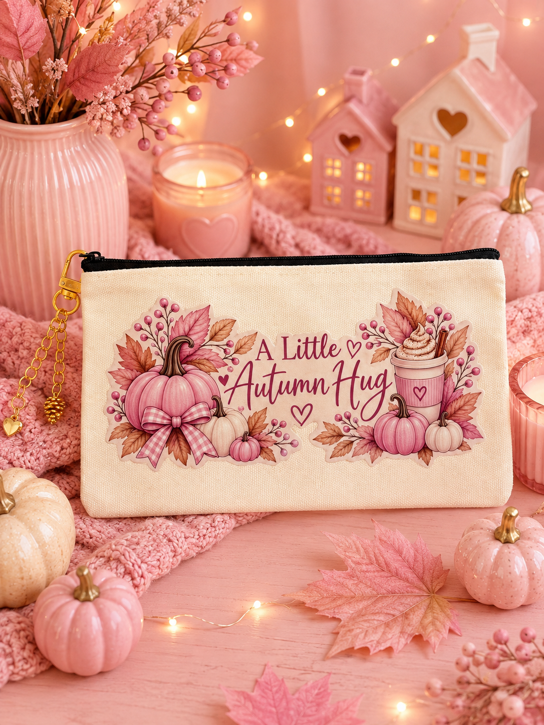 A cream-colored zipper pouch with a black zipper, decorated with a fall-themed illustration of pumpkins, autumn leaves, and the text 'A Little Autumn Hug'. The pouch is styled in a cozy, warm pink autumn setting with candles, string lights, and small decorative pumpkins.