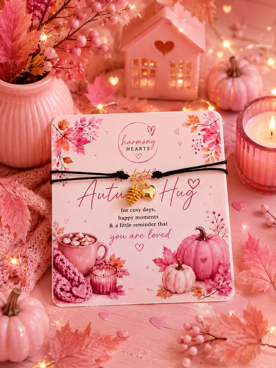 A square pink card with floral and autumn-themed illustrations, tied with a black cord bracelet and a small gold heart charm, displayed on a cozy pink tabletop with pumpkins, leaves, a candle, and a house-shaped lamp.