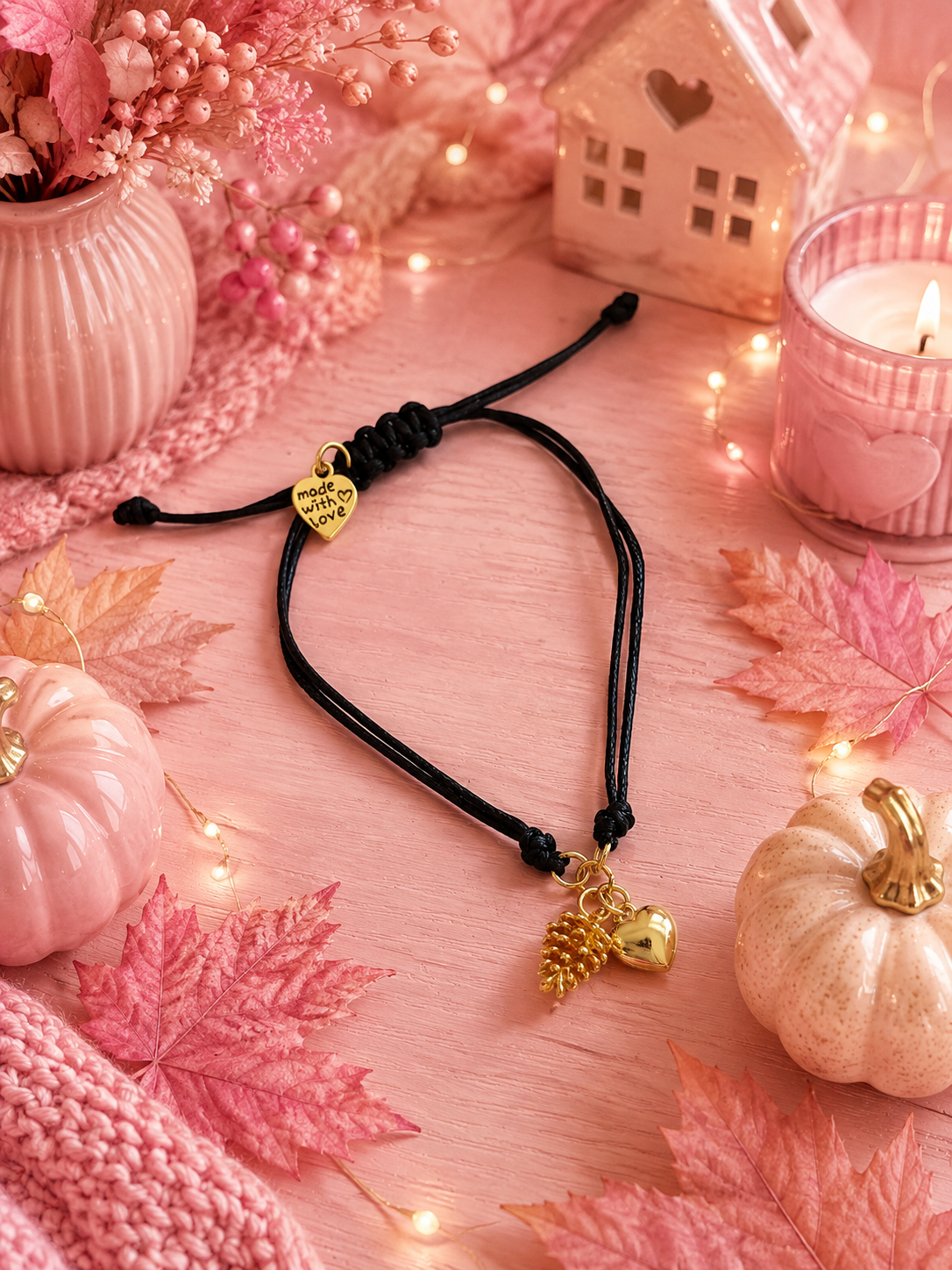 A black adjustable cord bracelet with a gold heart charm and a gold pinecone-and-heart charm, styled on a pink surface with pumpkins, leaves, string lights, and a candle.