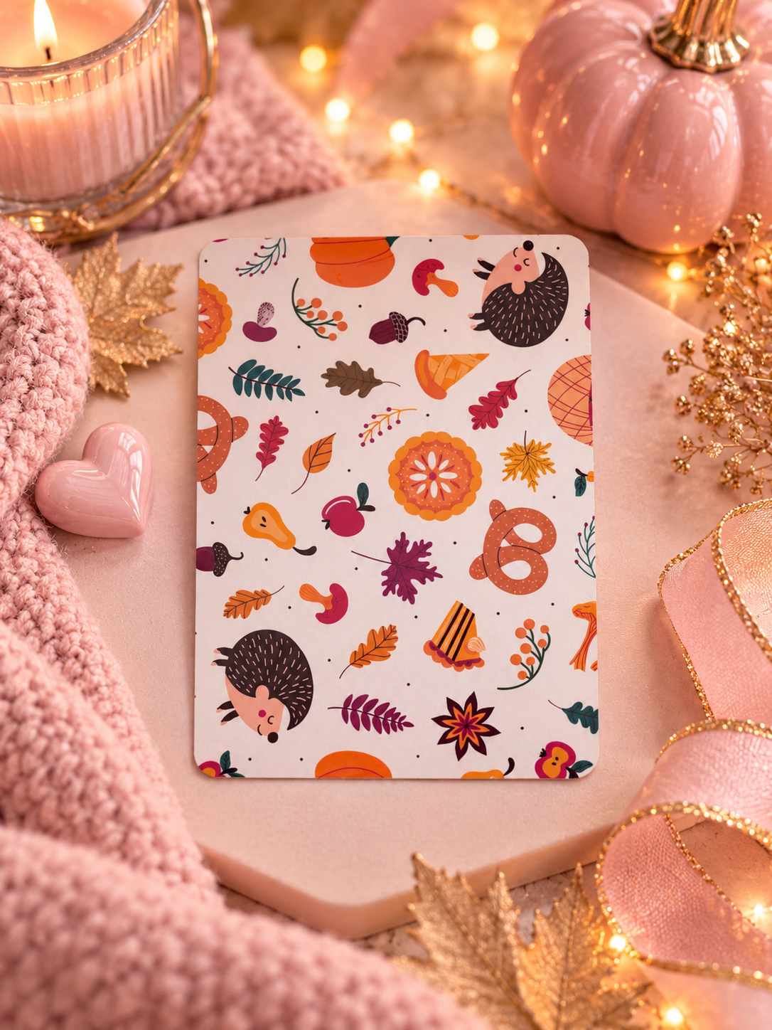 A rectangle kindle insert with a white background and a colorful autumn pattern of hedgehogs, leaves, acorns, pretzels, and pumpkins, styled on a pink tray with cozy fall decorations including a candle, pink pumpkin, ribbon, and string lights.