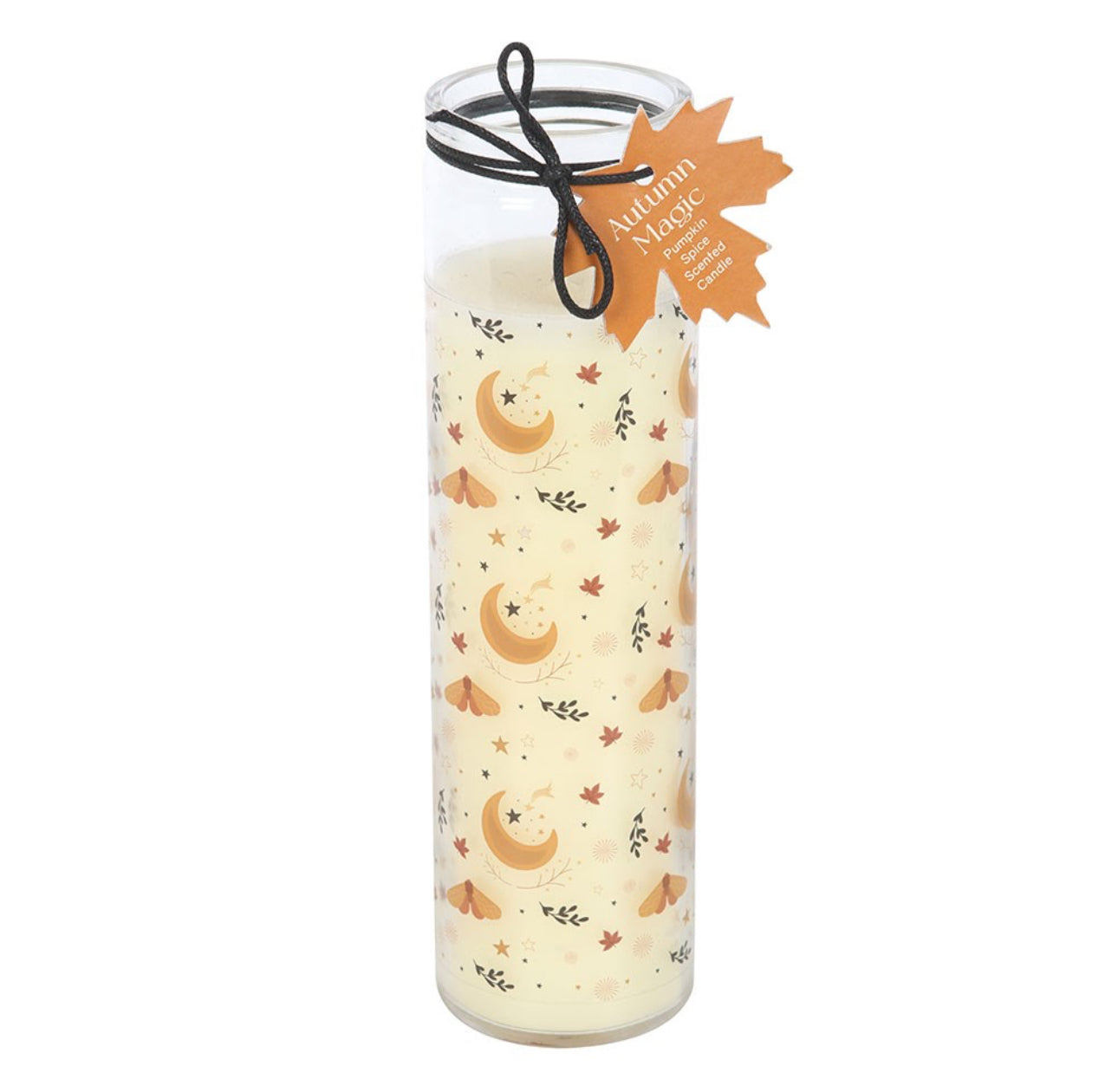 Decorative candle with moon and leaf pattern on a white background