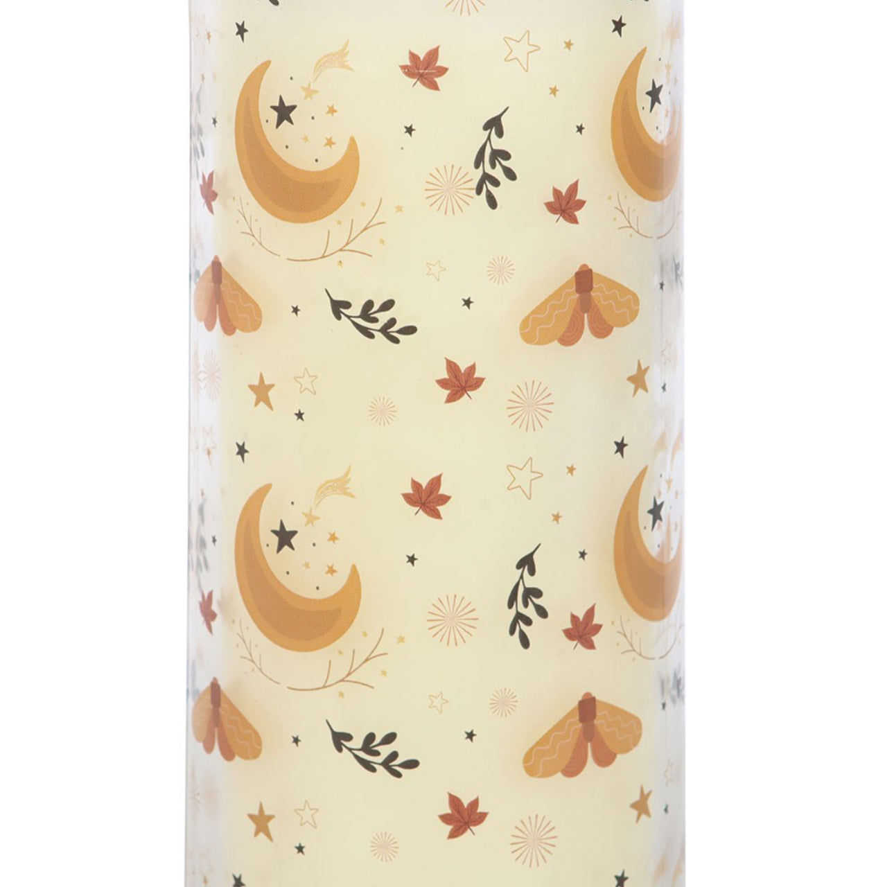 Cylindrical container with moon, star, and leaf pattern on a beige background