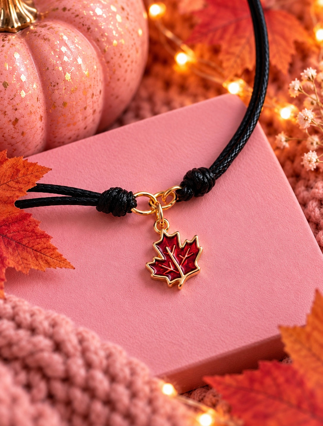 A black braided cord bracelet with a gold maple leaf charm filled with red enamel, displayed on a pink box with autumn leaves, a glittery pink pumpkin, and warm string lights in the background.