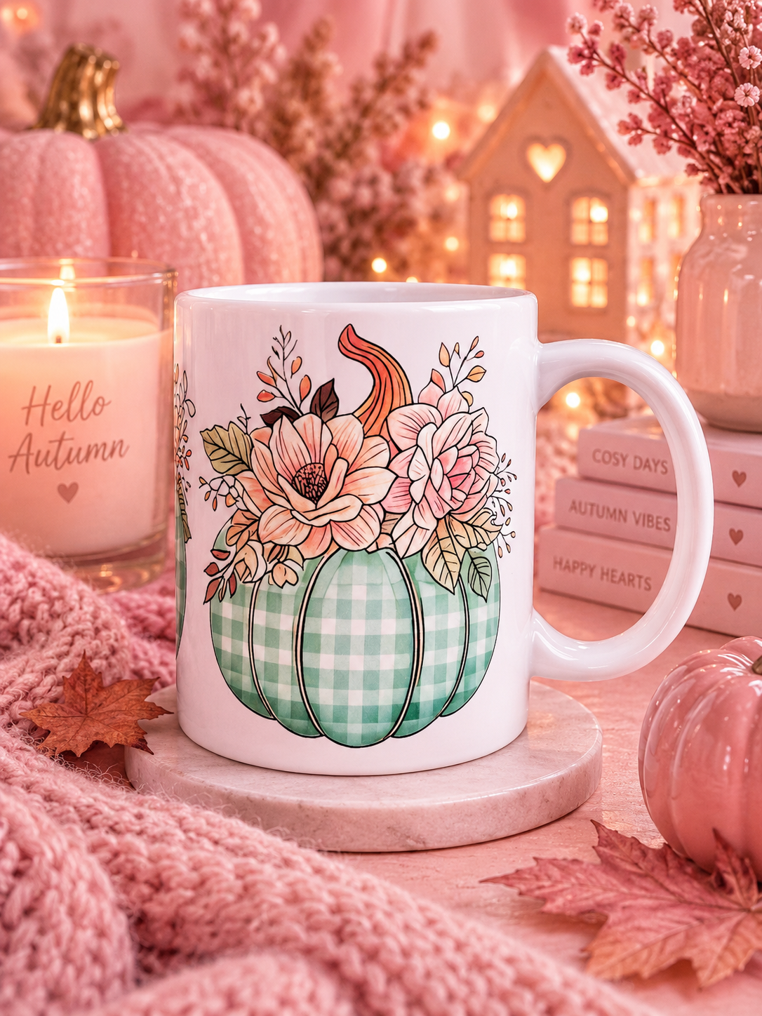 A white ceramic mug with a fall-themed illustration of a green gingham pumpkin and floral leaves, styled on a marble coaster with a pink knit blanket, candles, and autumn decorations.