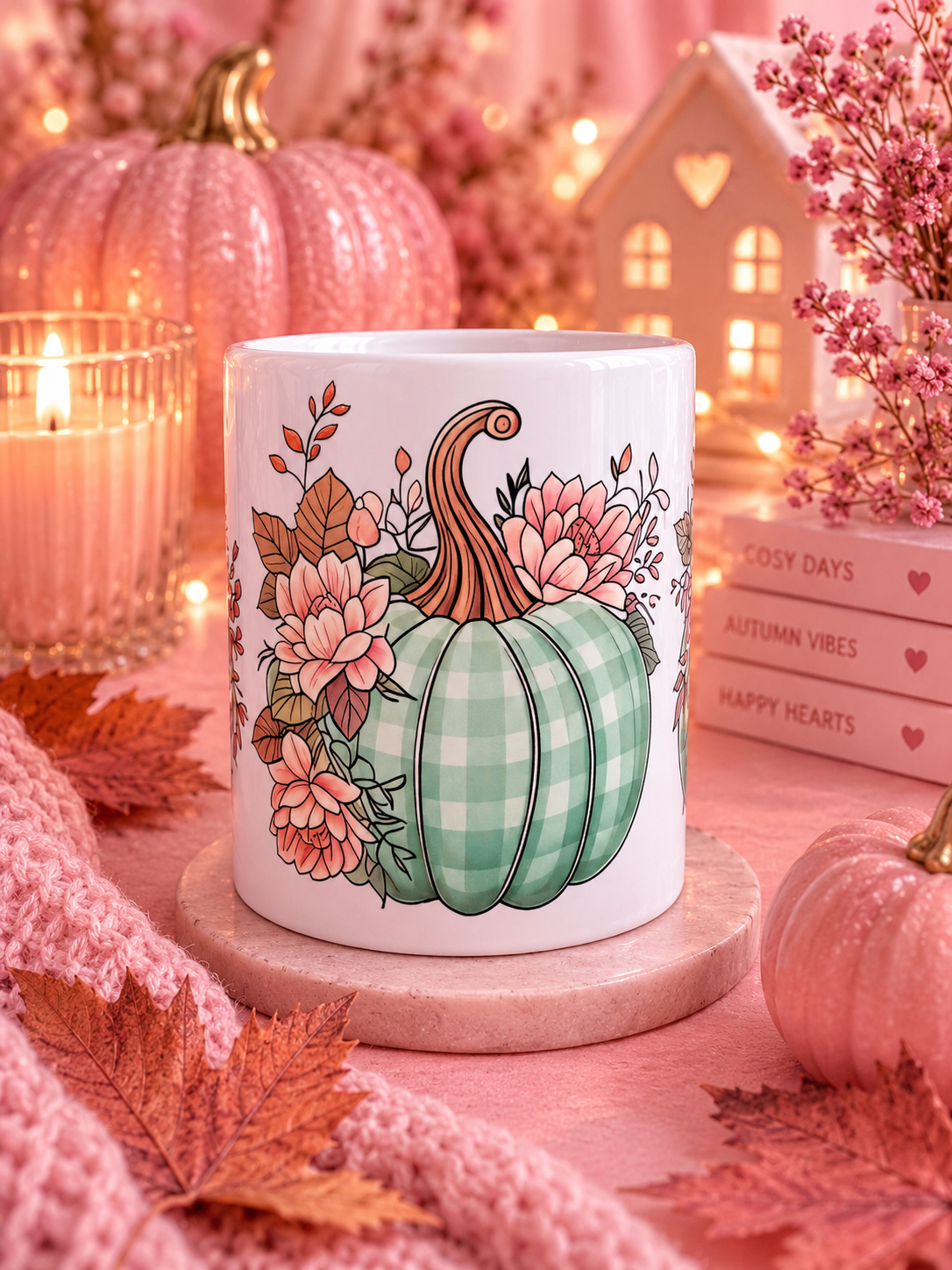 A white ceramic mug with a fall-themed illustration of a green plaid pumpkin, pink flowers, and autumn leaves, displayed on a wooden coaster in a cozy, warm pink lifestyle setting with candles, books, and pumpkins.