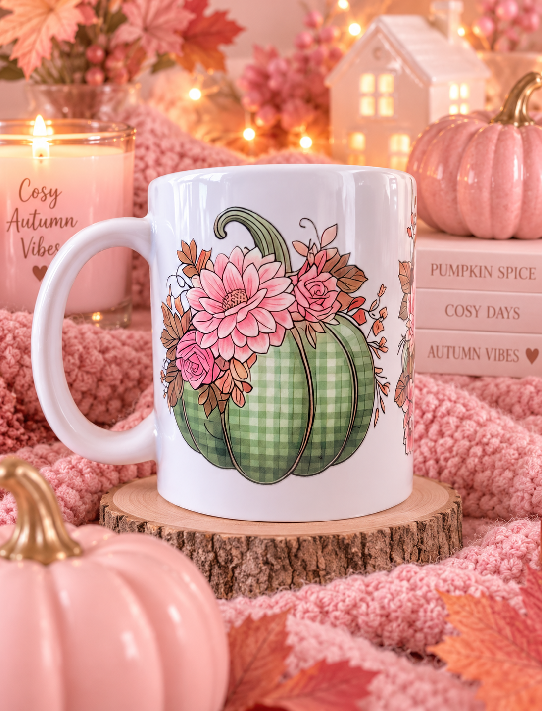 A white ceramic mug with a fall-themed pumpkin and floral design, displayed on a rustic wood slice surrounded by cozy autumn props including pink pumpkins, a candle, and a pink knit blanket.