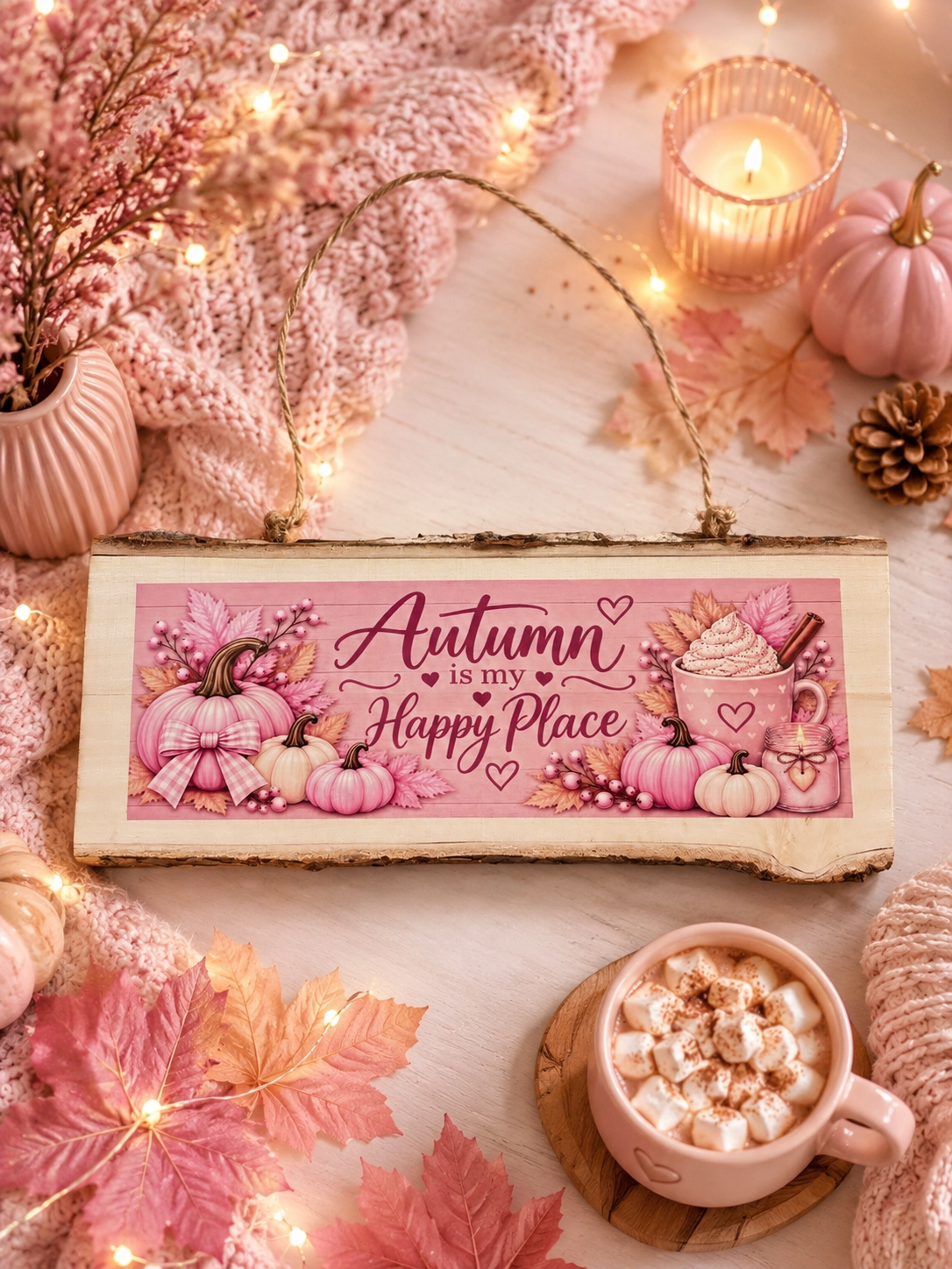 A rectangular wooden hanging sign with a rustic edge, featuring a pink autumn-themed design that reads 'Autumn is my Happy Place' with pumpkins, hearts, and fall leaves. The sign is styled in a cozy fall setting with a pink knit blanket, string lights, a mug of hot cocoa with marshmallows, and decorative pumpkins.