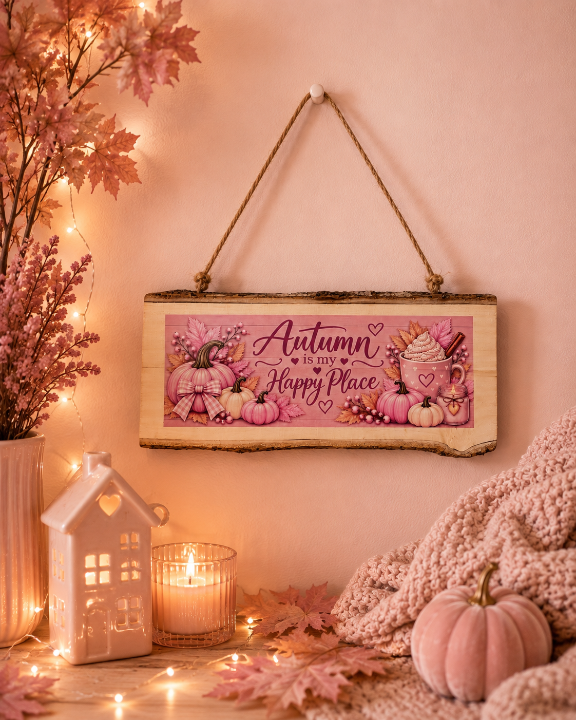 A rustic wooden hanging sign with a pink autumn-themed illustration and the words 'Autumn is my Happy Place,' displayed on a pink wall above a cozy fall decor arrangement with string lights, a small house lantern, candles, leaves, and a knit blanket.