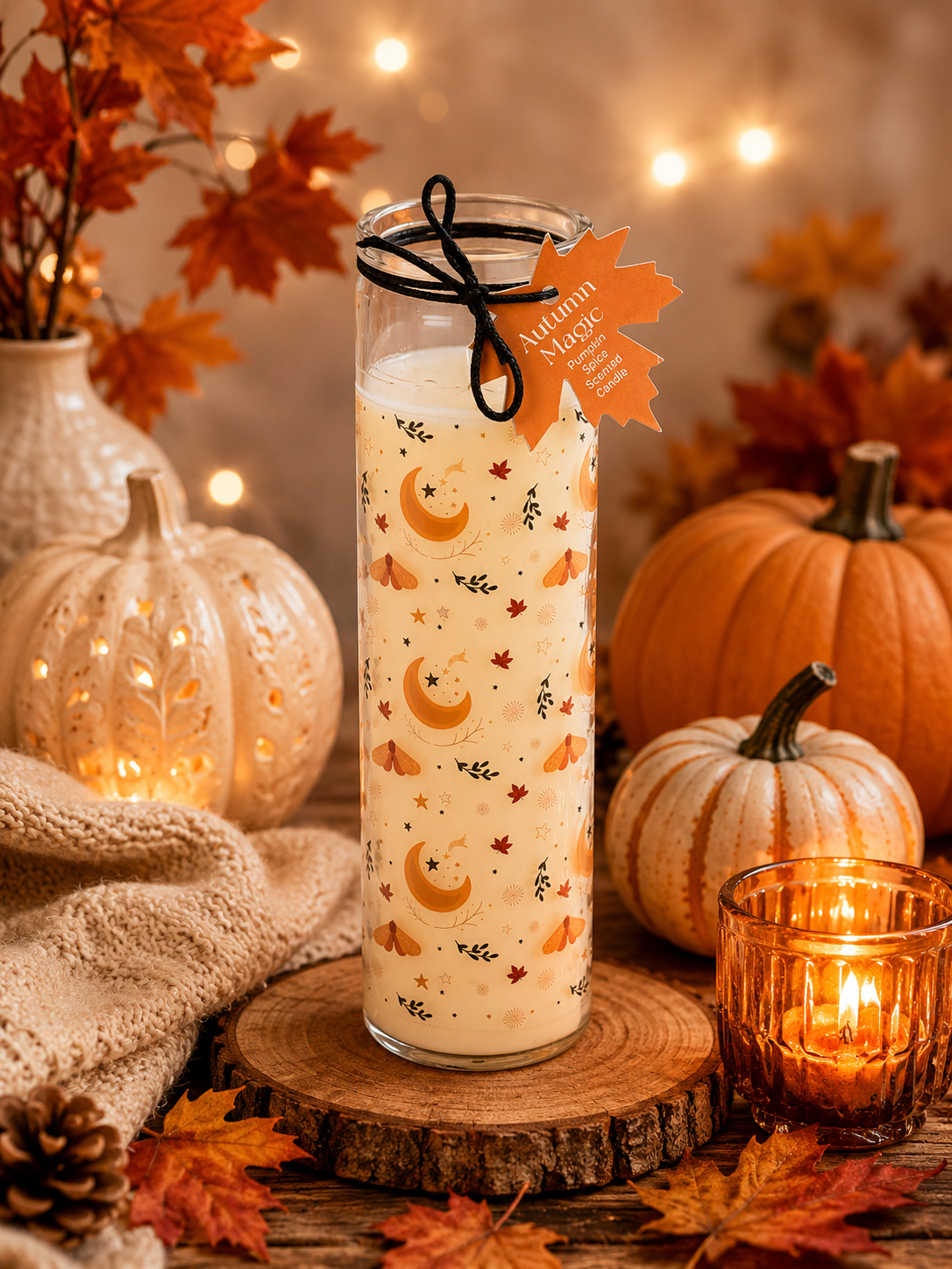 Autumn theme glass tube candle with moon and star design
