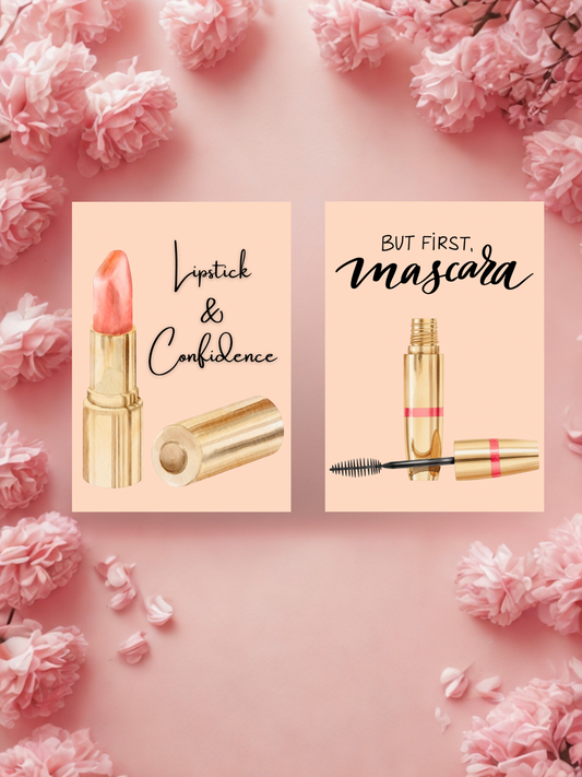 Lipstick and mascara prints with text 'Lipstick & Confidence' and 'But first, Mascara' on a pink background with flowers.