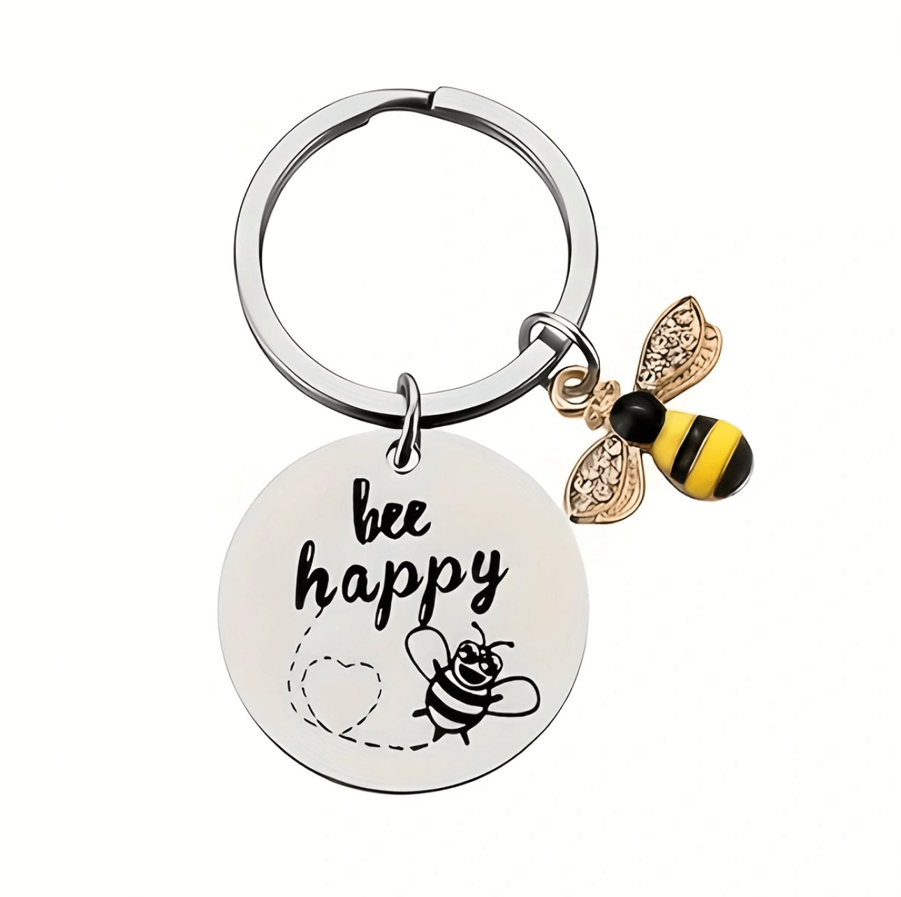 Keychain with 'be happy' tag and bee charm on a white background