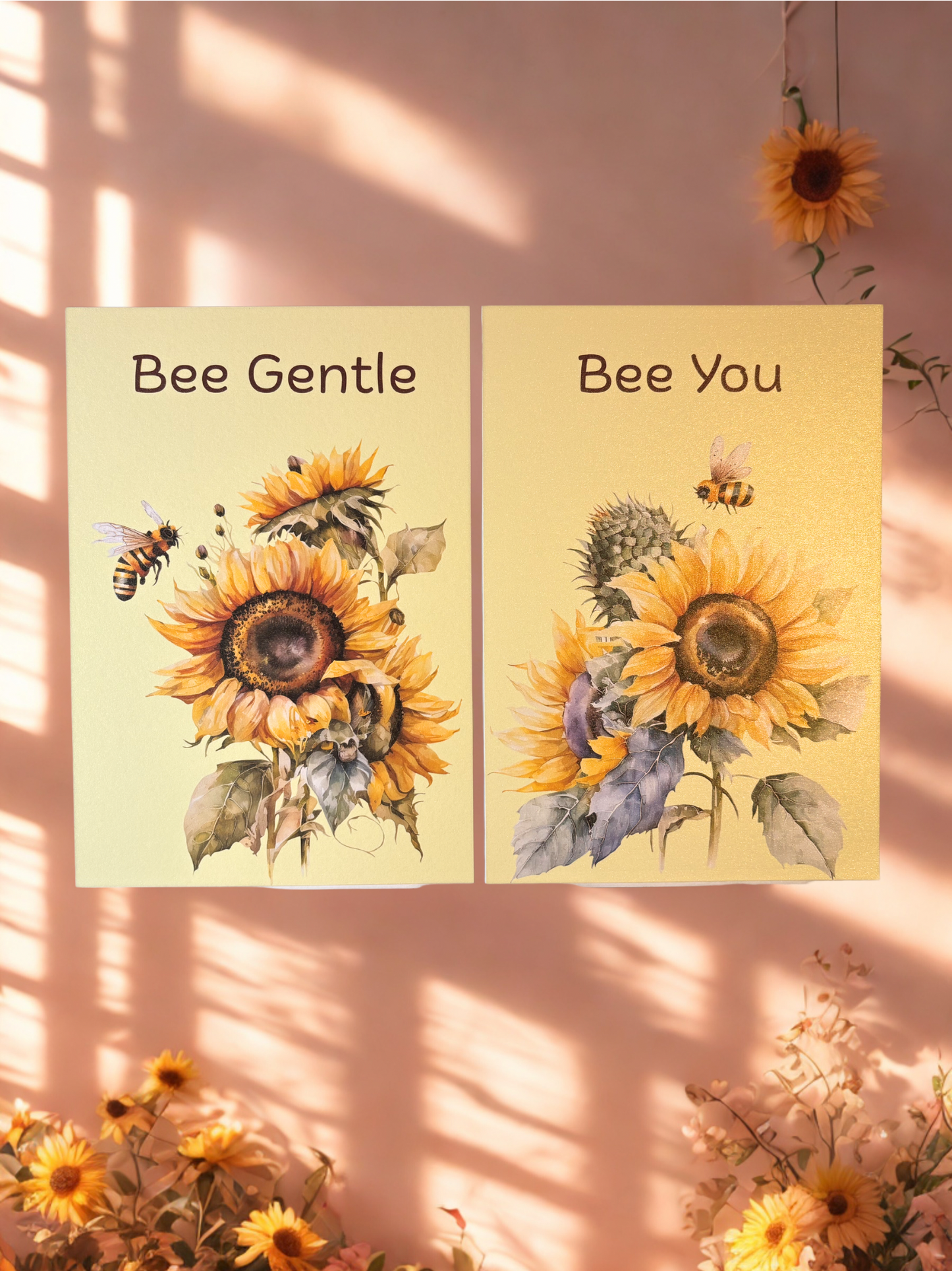 Two sunflower-themed cards with 'Bee Gentle' and 'Bee You' text on a pink background.