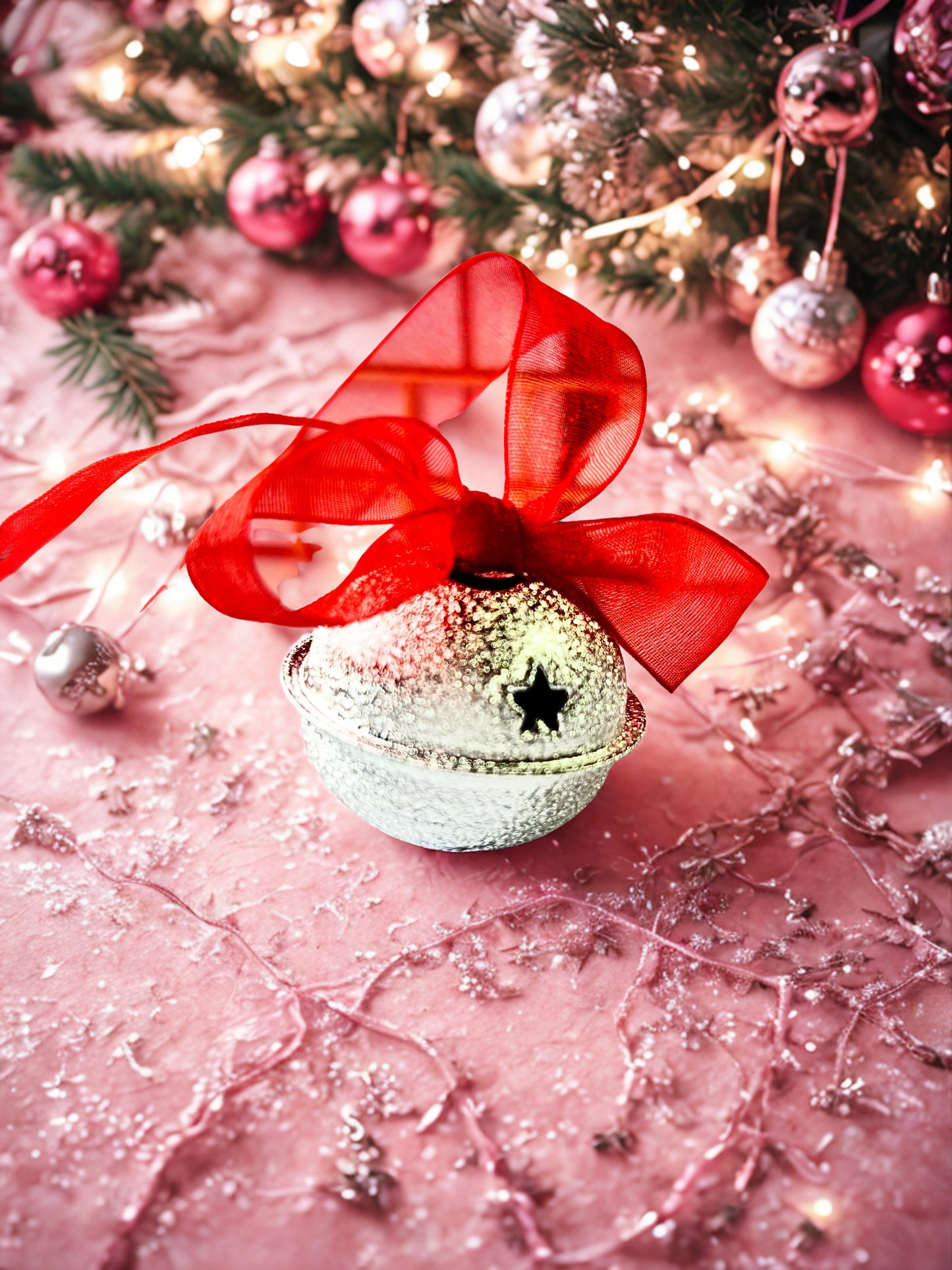 Decorative Christmas bell with a red ribbon on a textured pink surface with a Christmas tree in the background.