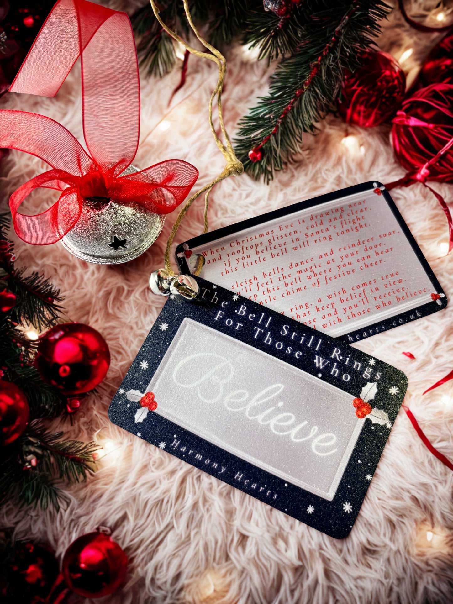 Decorative gift tags with Christmas-themed text and ribbons on a festive background.