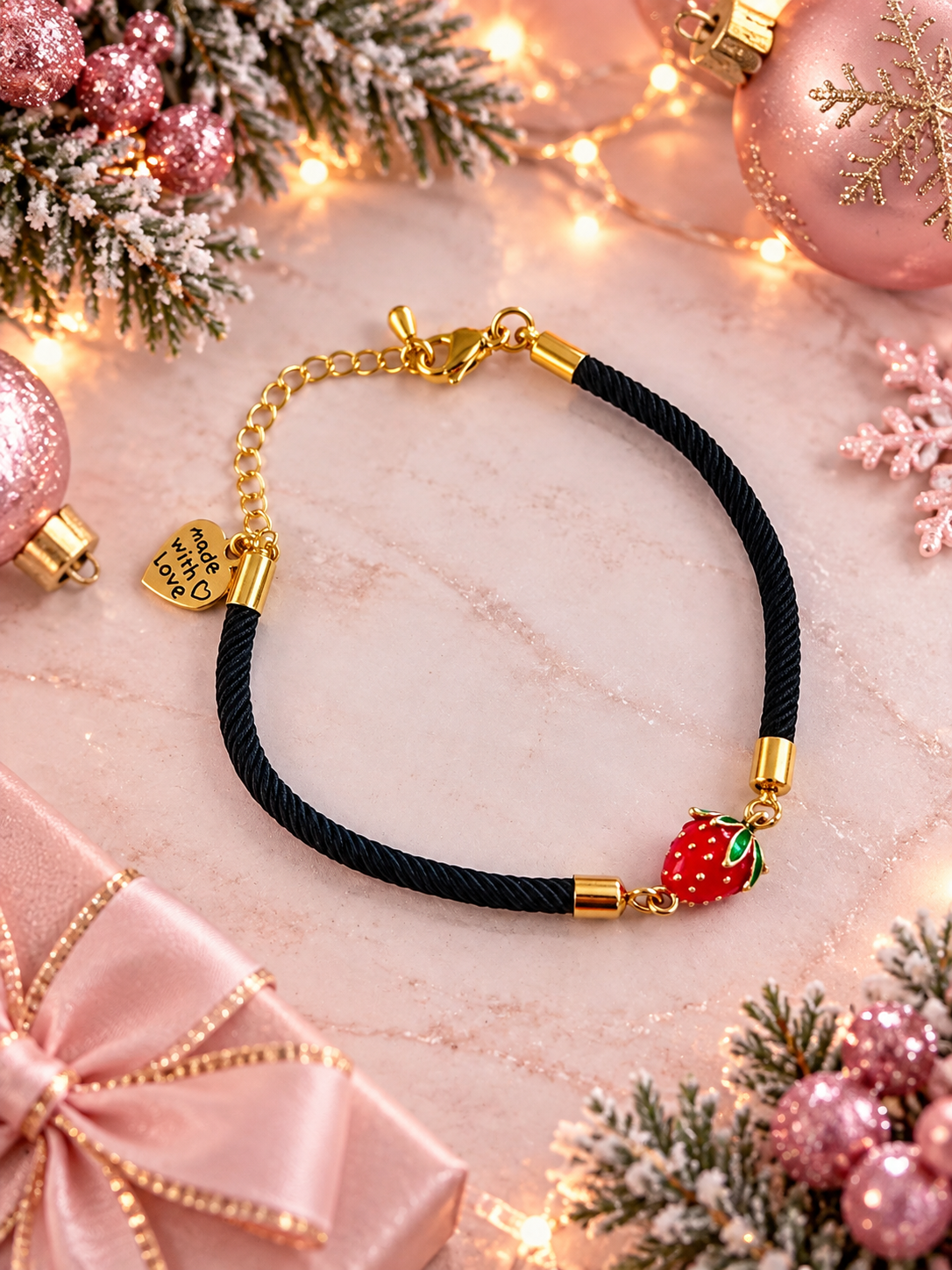 A black braided cord bracelet with gold-tone hardware, featuring a small strawberry charm and a heart-shaped charm, displayed on a pink marble surface with holiday decorations.