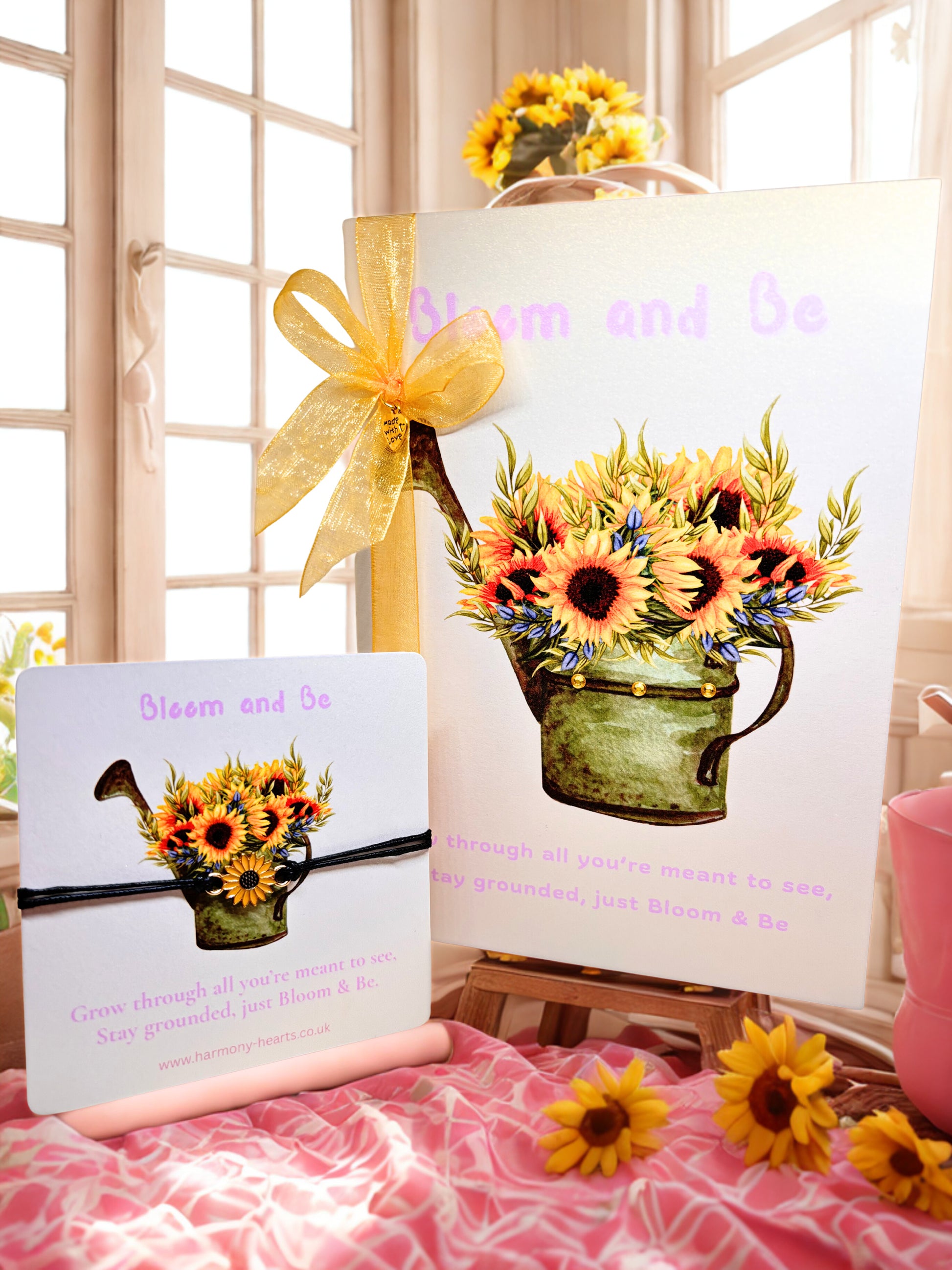 Greeting card with sunflower design and matching sunflower bracelet