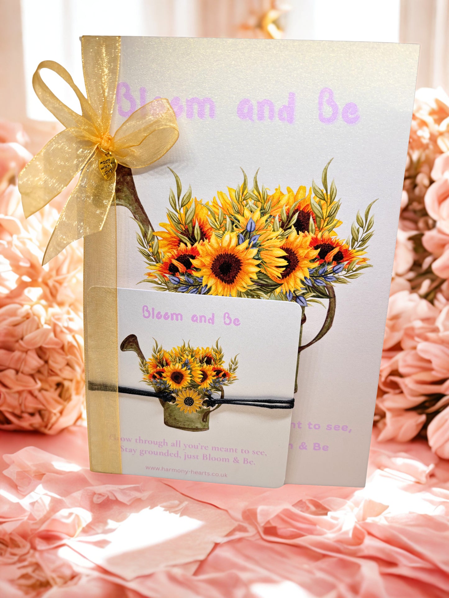 Greeting card with sunflower design and matching bracelet card with sunflower bracelet