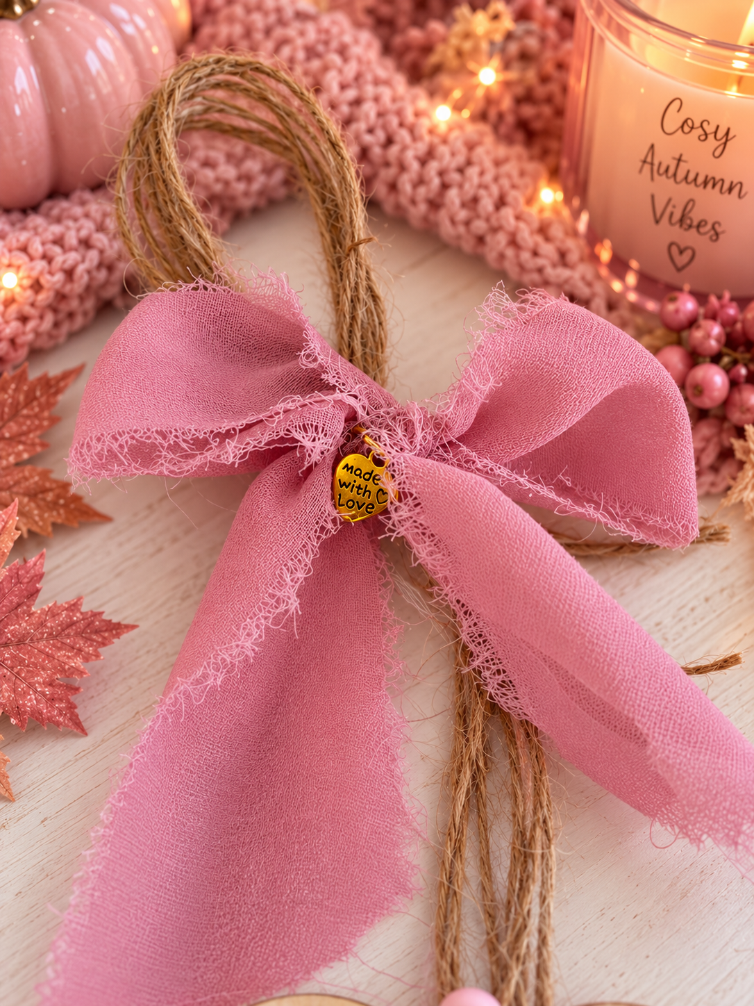 A pink ribbon bow with frayed edges and a small gold heart charm reading 'made with love' tied around a rustic jute-wrapped string, styled on a light wood surface with autumn-themed props including a candle, knit scarf, leaves, and pumpkins.