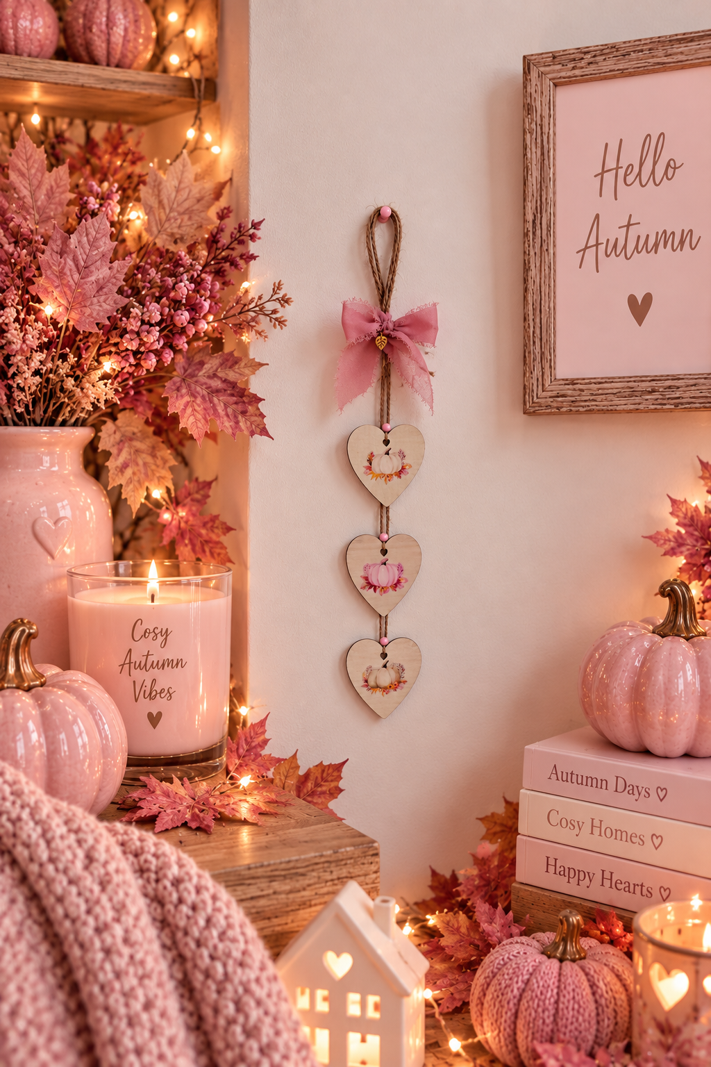 A cozy autumn-themed home decor display featuring a vertical hanging ornament made of three wooden hearts with pumpkin images and a pink bow, styled alongside a 'Hello Autumn' sign, pink pumpkins, a candle, books, and warm fairy lights.