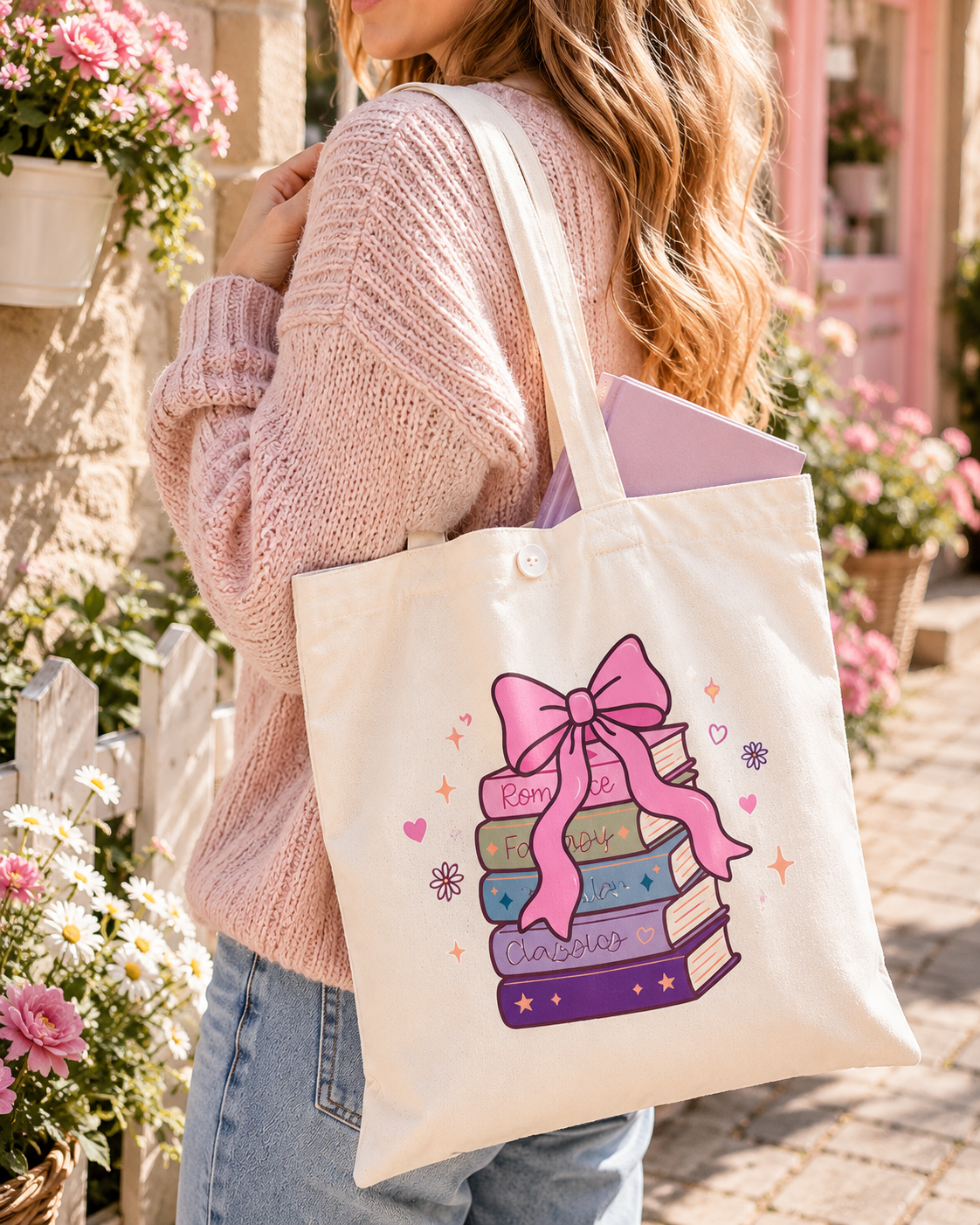 A woman wearing a pink knit sweater and blue jeans carries a cream canvas tote bag over her shoulder in an outdoor garden setting. The tote bag features a graphic of a stack of colorful books tied with a large pink bow, with the words 'Read Like a Lady' and 'Read Like a Queen' printed on it.