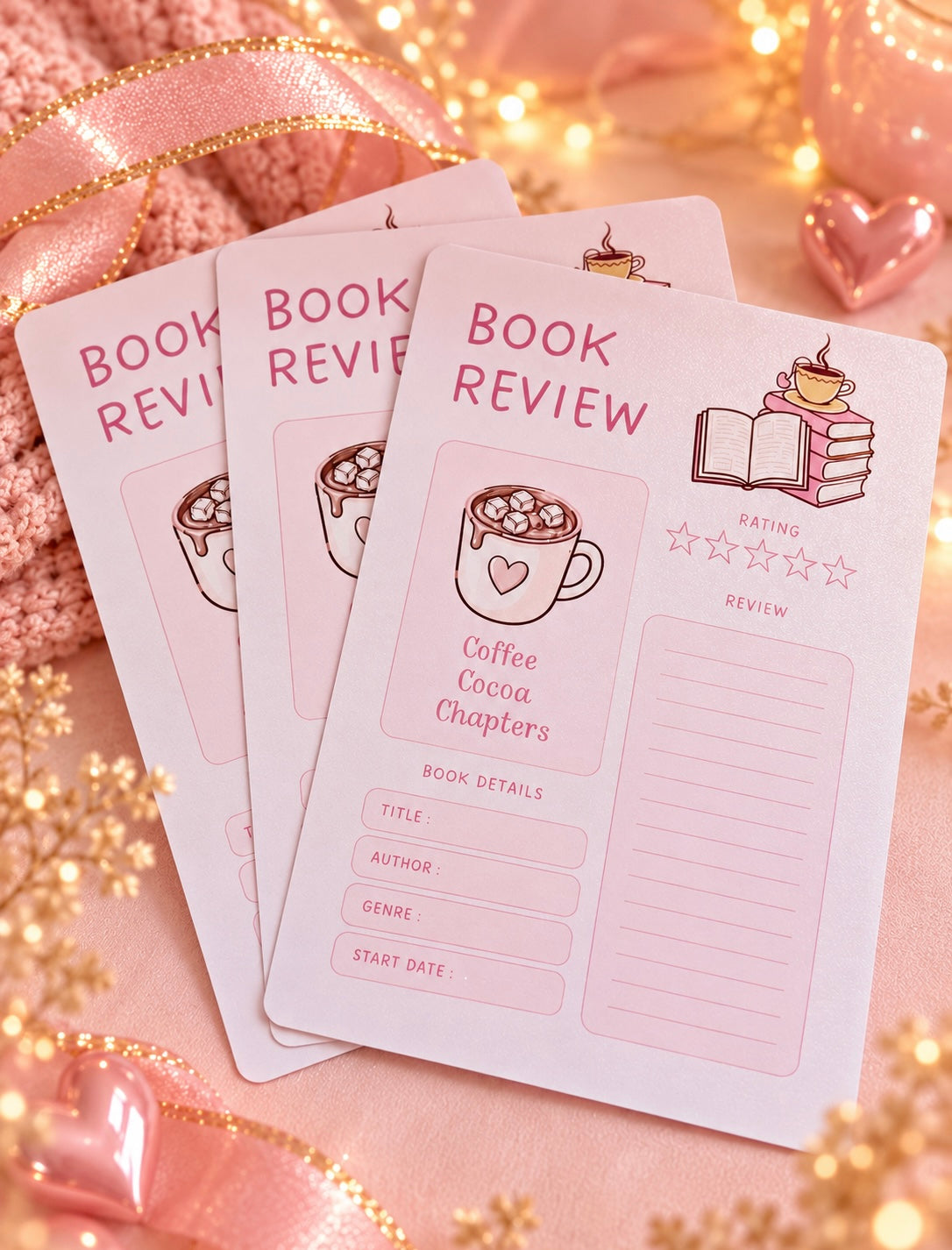 Three pink book review cards with cute coffee and book illustrations, arranged on a soft pink background with ribbon and warm bokeh lights.