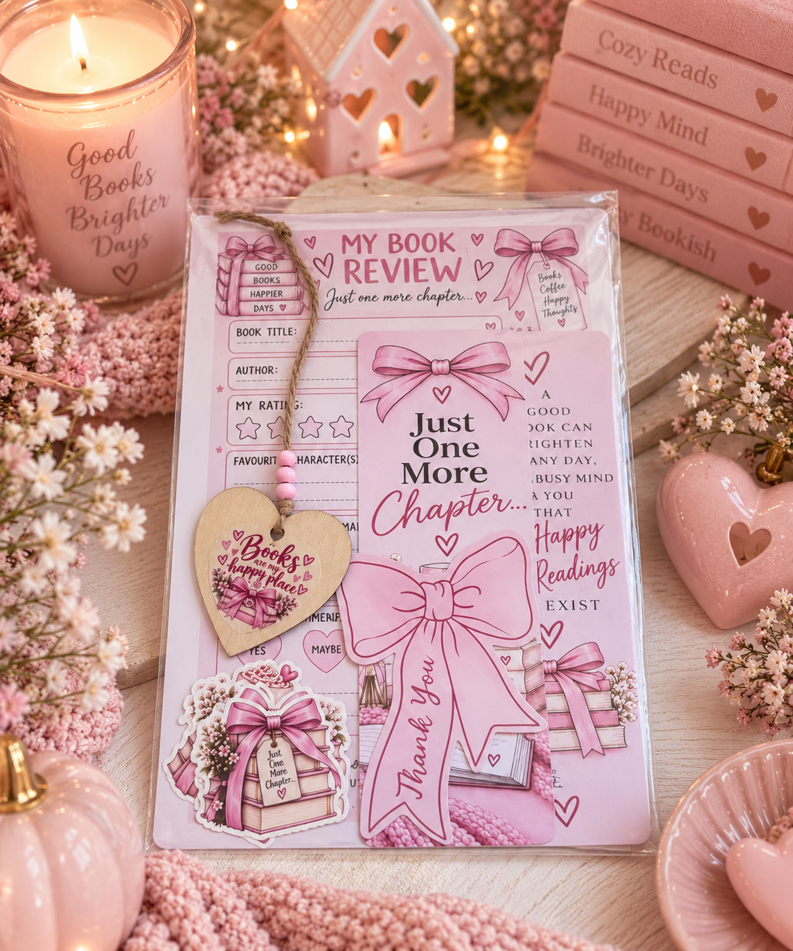 A pink book review pack in a clear plastic sleeve, surrounded by cozy decorative props including a lit candle, books, dried flowers, and heart-shaped accessories on a light wooden surface.