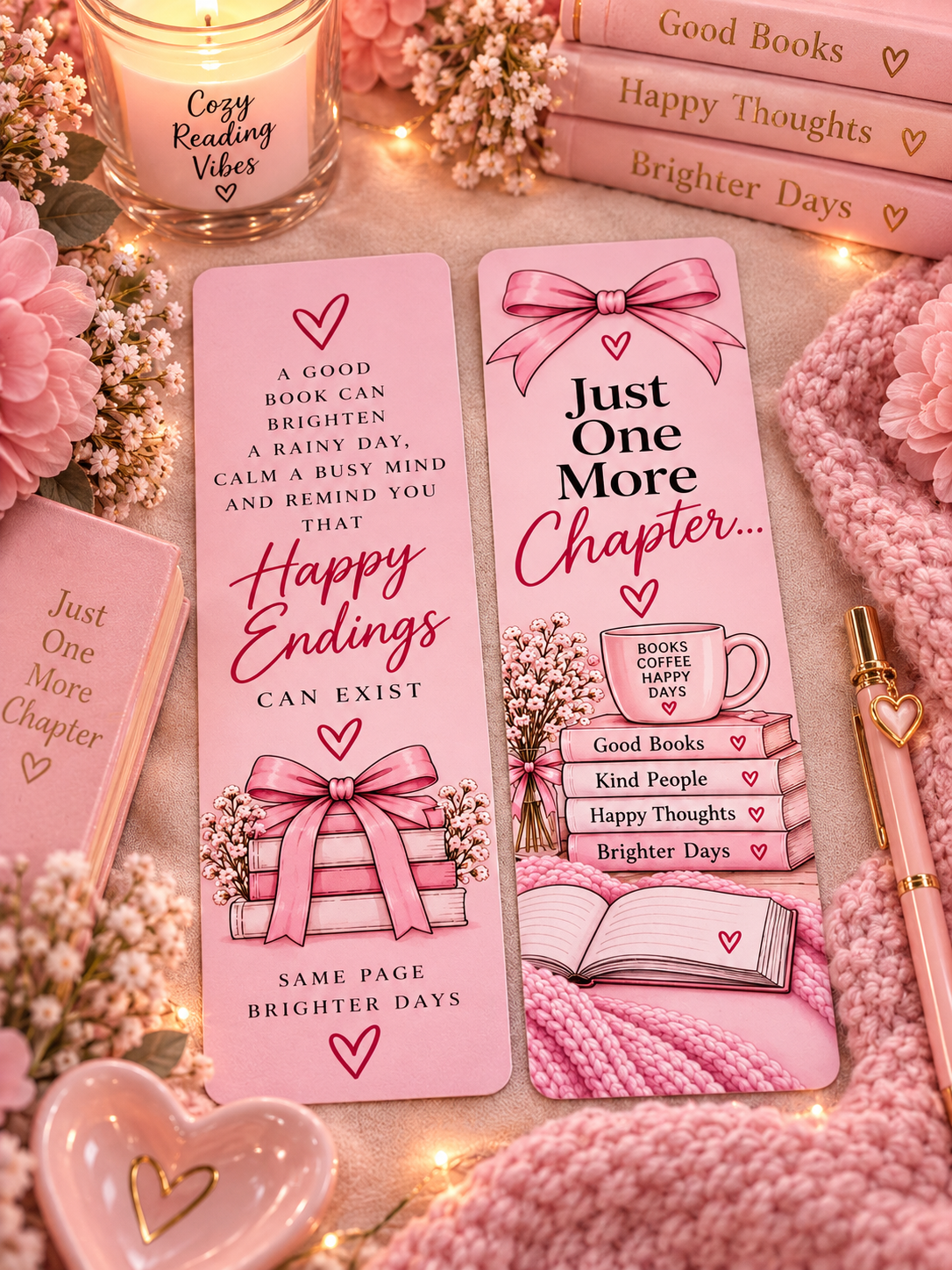 Two pink bookmarks with book-themed illustrations and motivational quotes, displayed on a cozy styled flat-lay with a pink knit blanket, candle, books, and a pen.