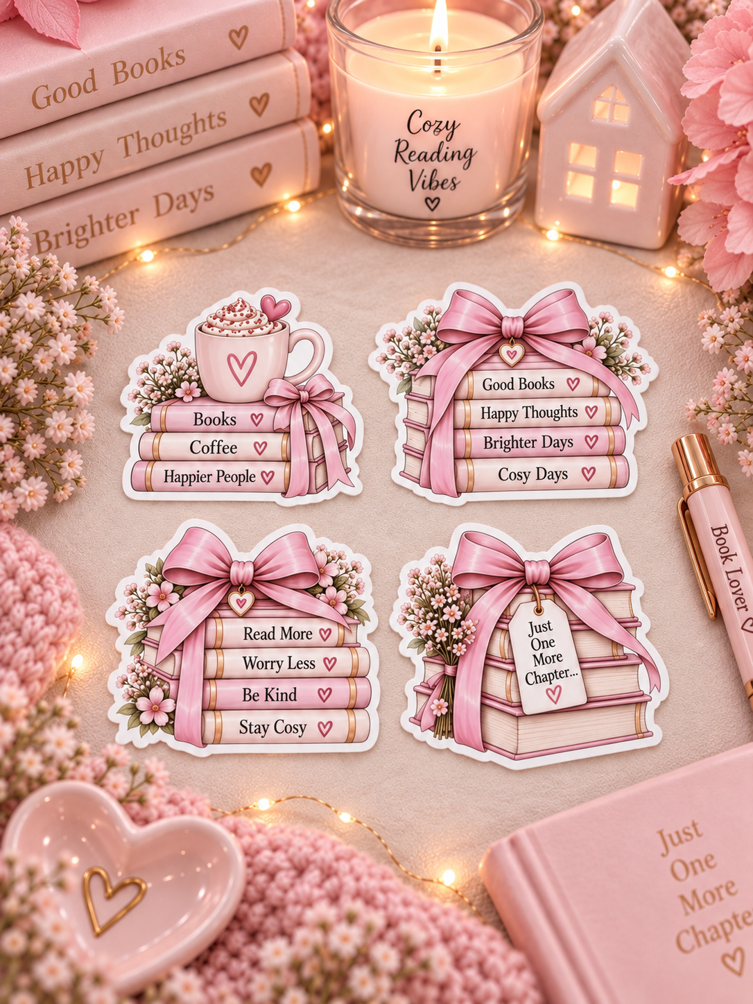 Four decorative book-themed stickers arranged on a pink cozy reading surface with candles, flowers, books, and small props. The stickers feature pink bows, stacked books, and phrases like 'Books,' 'Coffee,' 'Happier People,' 'Read More,' 'Worry Less,' 'Be Kind,' and 'Stay Cozy.