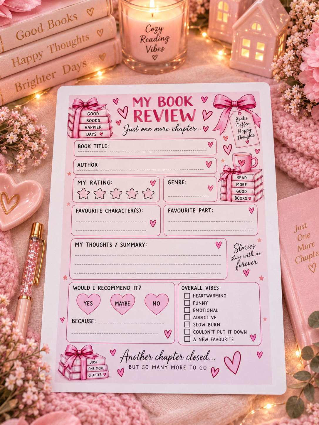 A pink and white 'My Book Review' planner insert sheet styled on a pink floral surface with books, a candle, and decorative props.