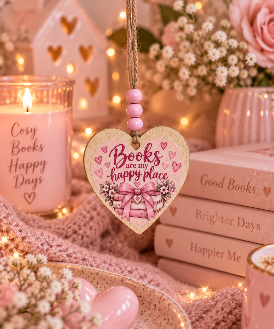 A heart-shaped wooden hanging ornament with pink lettering that reads 'Books are my happy place' and a pink bow illustration, styled in a cozy book-themed setting with candles, books, flowers, and warm string lights.