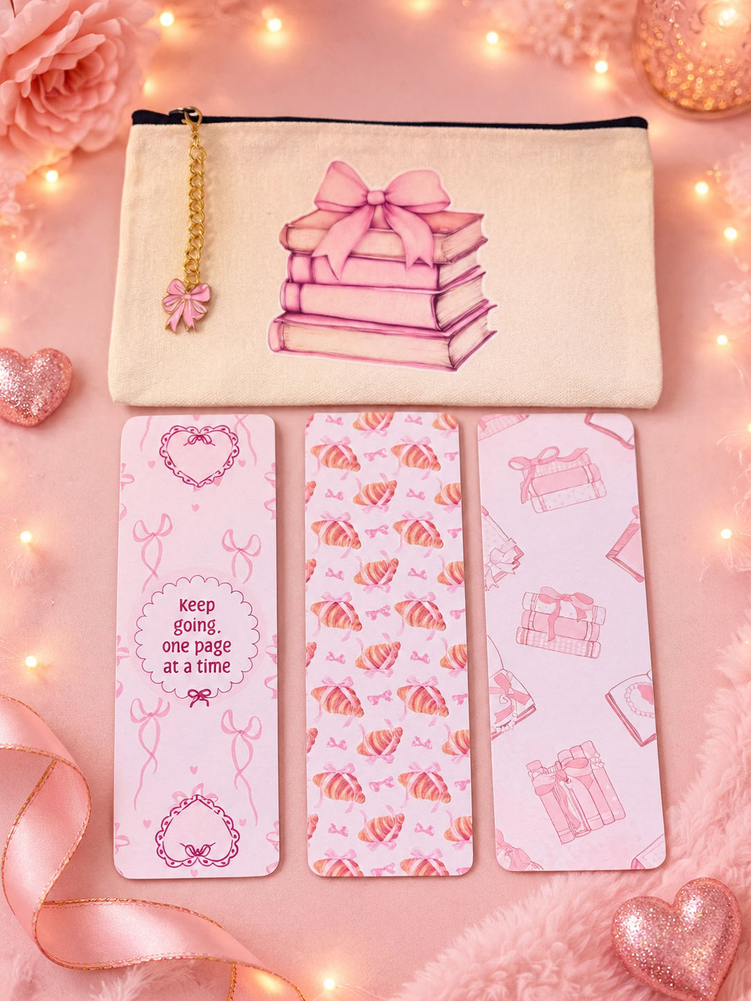 A pink-themed stationery set featuring a canvas pouch with a book stack illustration and a gold charm, alongside three matching bookmarks with pink patterns and text, styled on a pink background with decorative lights and flowers.