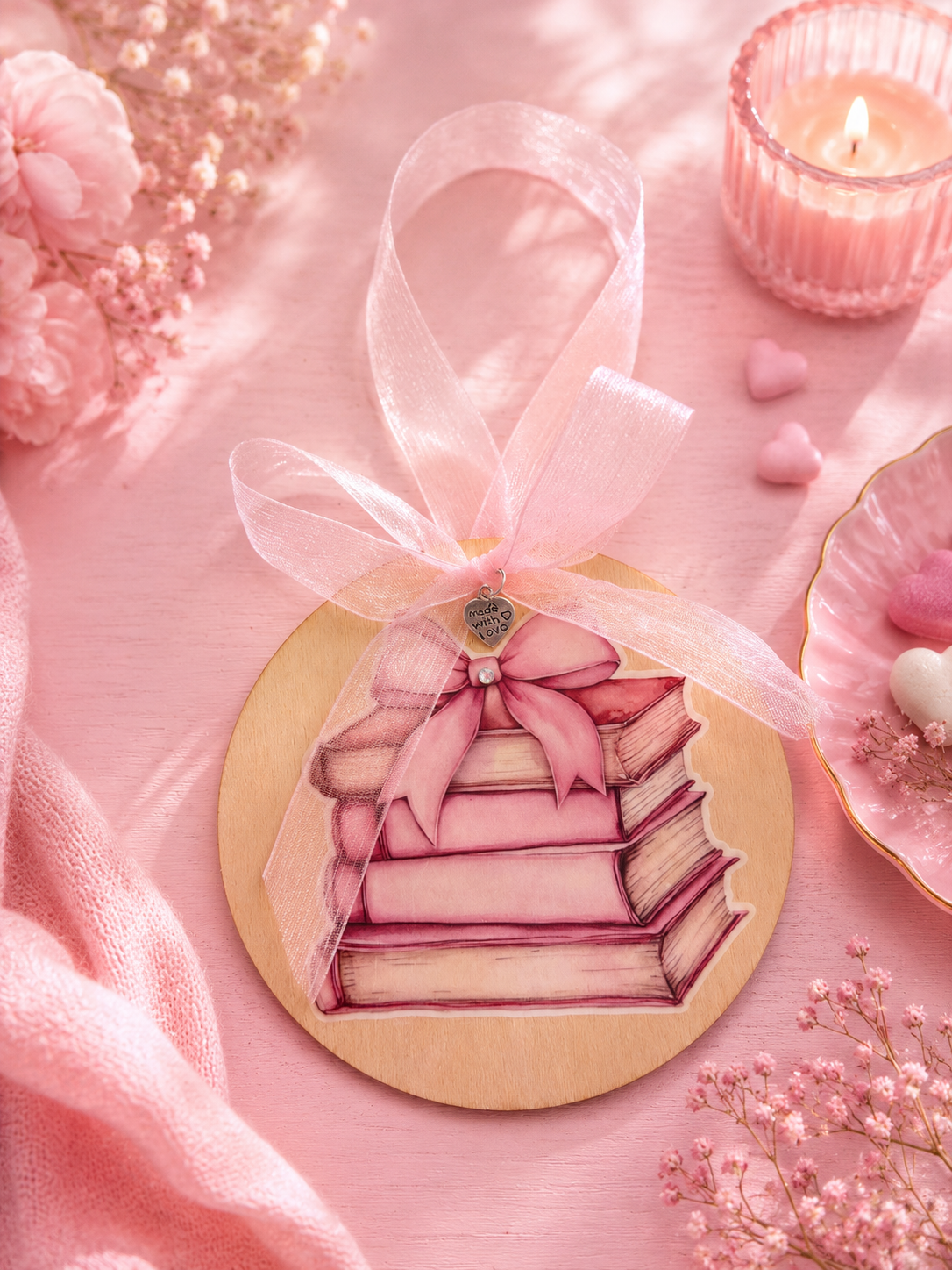 A round wooden ornament featuring an illustration of stacked pink books tied with a pink ribbon and bow, hanging from a sheer pink ribbon. The item is styled on a pink fabric background with a lit pink candle, small hearts, and floral decorations.