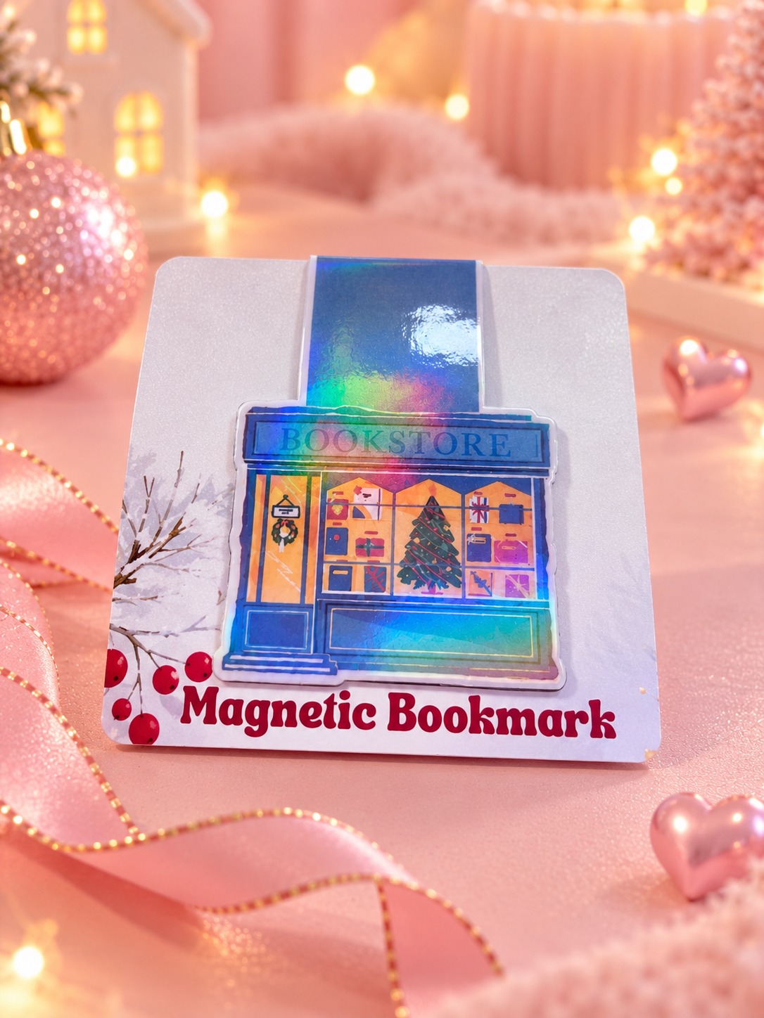 A decorative magnetic bookmark shaped like a bookshop window with a holographic rainbow sheen, displayed on a white backing card with the text 'Magnetic Bookmark' and holiday-themed pink background decor.