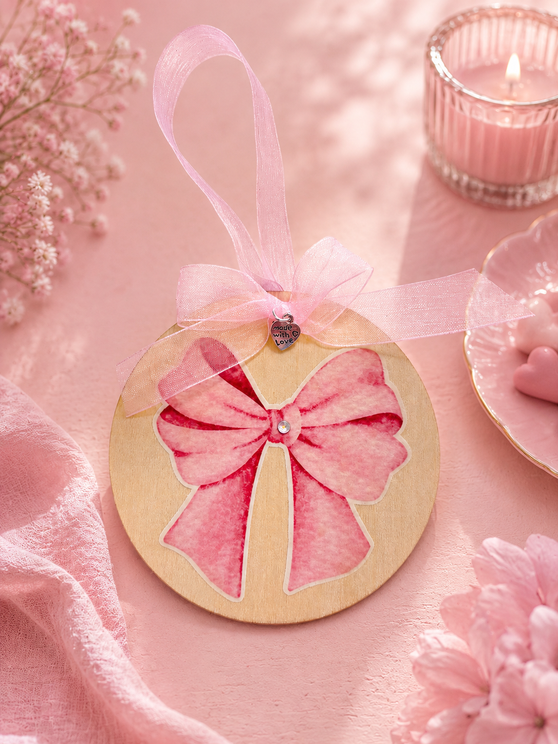 A round wooden ornament decorated with a pink watercolor bow and a pink ribbon loop, styled on a pink fabric surface with dried flowers, a candle, and a small dish.