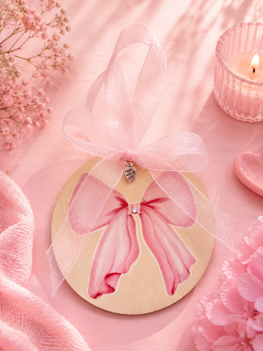 A wooden round decoration with a pink bow illustration and a sheer pink ribbon bow, styled on a pink fabric background with flowers, a candle, and a small heart-shaped object.