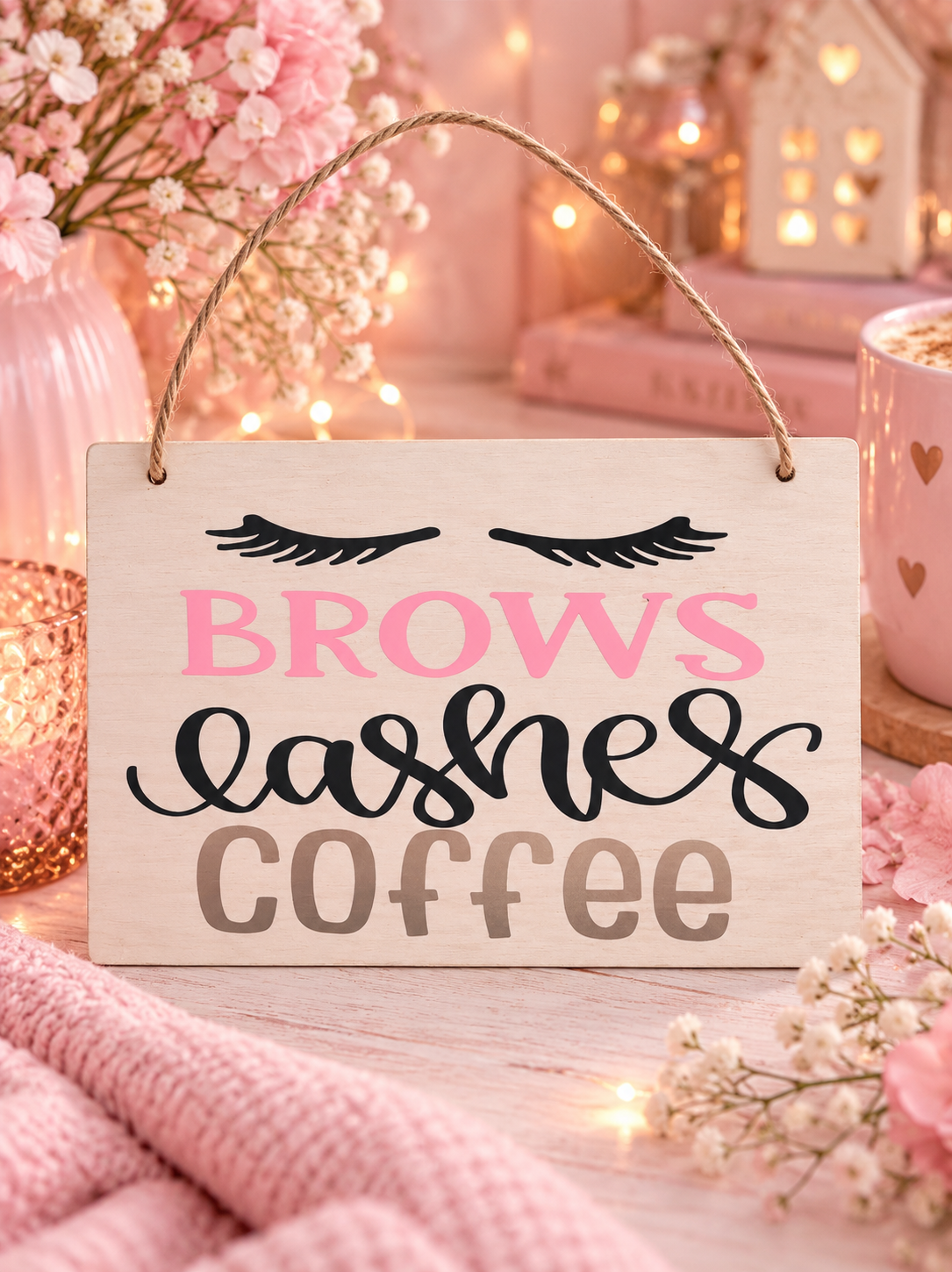 Wooden plaque with the words Brows, lashes, coffee on a soft pink aesthetic 