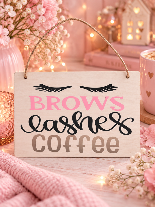 Wooden plaque with the words Brows, lashes, coffee on a soft pink aesthetic 