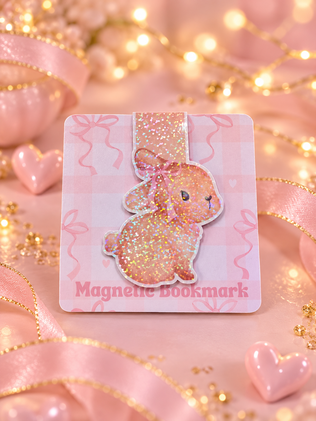 A pink and gold glittery bunny-shaped magnetic bookmark on a matching card, styled with pink ribbons, heart decorations, and warm bokeh lights in the background.