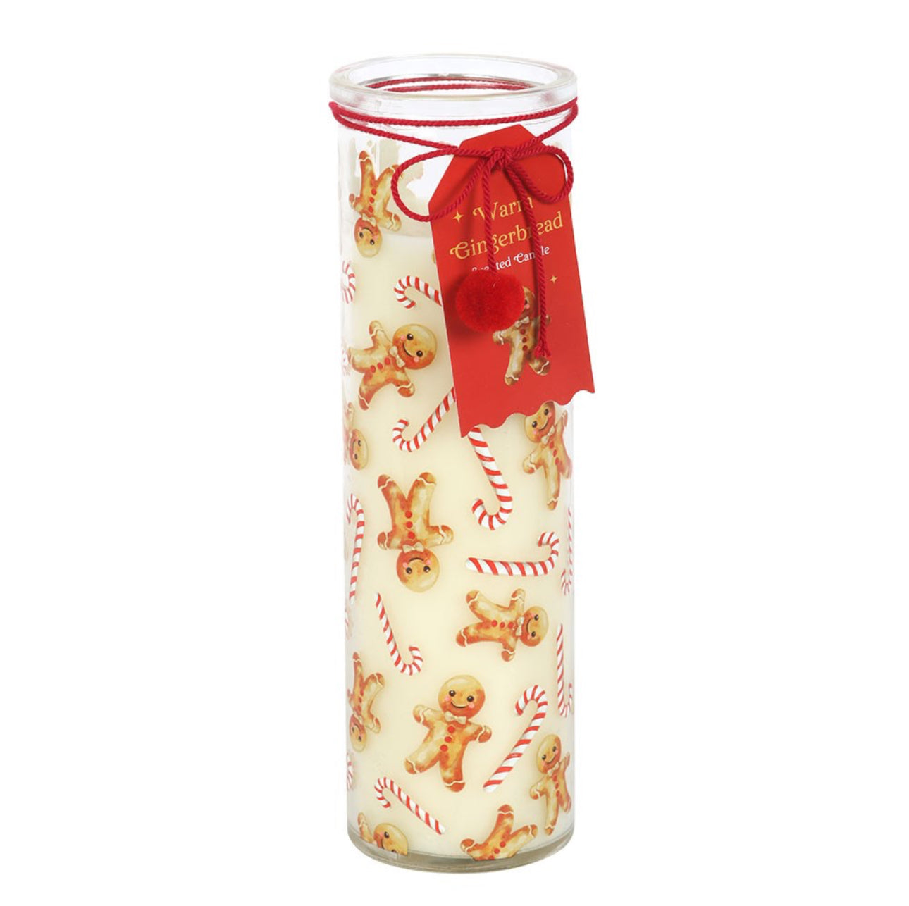 Decorative candle with gingerbread men and candy cane pattern, tied with a red ribbon on a white background.